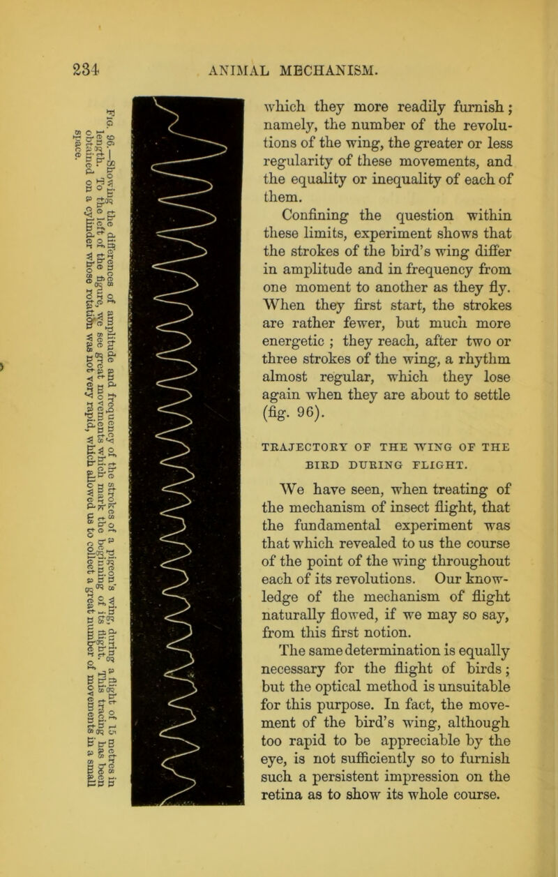 space. which they more readily furnish; namely, the number of the revolu- tions of the wing, the greater or less regularity of these movements, and the equality or inequality of each of them. Confining the question within these limits, experiment shows that the strokes of the bird’s wing differ in amplitude and in frequency from from this first notion. The same determination is equally necessary for the flight of birds; but the optical method is unsuitable for this purpose. In fact, the move- ment of the bird’s wing, although too rapid to be appreciable by the eye, is not sufficiently so to furnish such a persistent impression on the retina as to show its whole course.