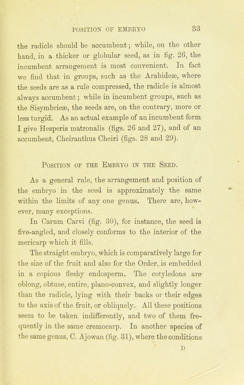 the radicle should be accumbent; while, on the other hand, in a thicker or globular seed, as in fig. 26, the incumbent arrangement is most convenient. In fact we find that in groups, such as the Arab idem, where the seeds are as a rule compressed, the radicle is almost always accumbent; while in incumbent groups, such as the Sisymbrieae, the seeds are, on the contrary, more or less turgid. As an actual example of an incumbent form I give Hesperis matronalis (figs. 26 and 27), and of an accumbent, Cheiranthus Cheiri (figs. 28 and 29). Position of the Embryo in the Seed. As a general rule, the arrangement and position of the embryo in the seed is approximately the same within the limits of any one genus. There are, how- ever, many exceptions. In Carum Carvi (fig. 30), for instance, the seed is five-angled, and closely conforms to the interior of the mericarp which it fills. The straight embryo, which is comparatively large for the size of the fruit and also for the Order, is embedded in a copious fleshy endosperm. The cotyledons are oblong, obtuse, entire, plano-convex, and slightly longer than the radicle, lying with their backs or their edges to the axis of the fruit, or obliquely. All these positions seem to be taken indifferently, and two of them fre- quently in the same cremocarp. In another species of the same genus, C. Ajowan (fig. 31), where the conditions I)