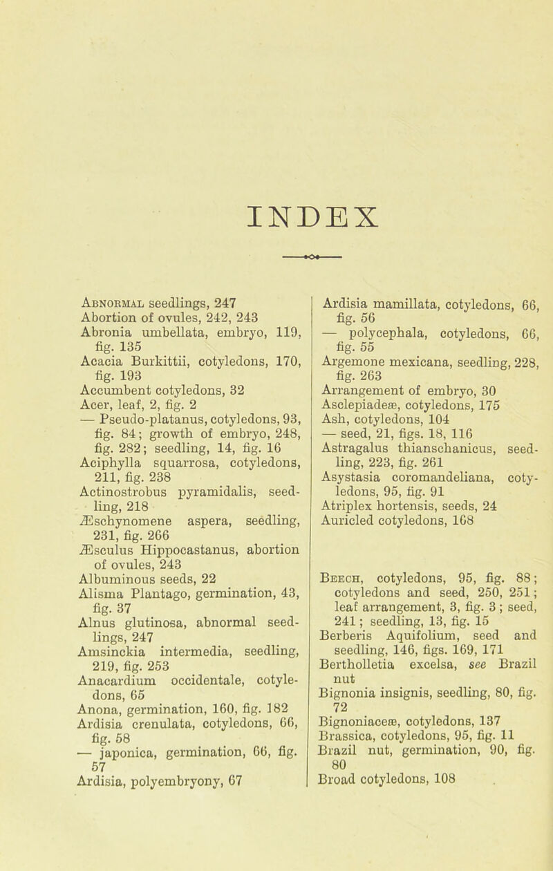 INDEX Abnoemal seedlings, 247 Abortion of ovules, 242, 243 Abronia umbellata, embryo, 119, fig. 135 Acacia Burkittii, cotyledons, 170, fig. 193 Accumbent cotyledons, 32 Acer, leaf, 2, fig. 2 — Pseudo-platanus, cotyledons, 93, fig. 84; growth of embryo, 248, fig. 282; seedling, 14, fig. 16 Aeiphylla squarrosa, cotyledons, 211, fig. 238 Actinostrobus pyramidalis, seed- ling, 218 iEschynomene aspera, seedling, 231, fig. 266 iEsculus Hippocastanus, abortion of ovules, 243 Albuminous seeds, 22 Alisma Plantago, germination, 43, fig- 37 Alnus glutinosa, abnormal seed- lings, 247 Amsinckia intermedia, seedling, 219, fig. 253 Anacardium occidentale, cotyle- dons, 65 Anona, germination, 160, fig. 182 Ardisia crenulata, cotyledons, 66, fig. 58 — japonica, germination, 66, fig. 57 Ardisia, polyembryony, 67 Ardisia mamillata, cotyledons, 66, fig. 56 — polycephala, cotyledons, 66, fig. 55 Argemone mexicana, seedling, 228, fig. 263 Arrangement of embryo, 30 Asclepiadetc, cotyledons, 175 Ash, cotyledons, 104 — seed, 21, figs. 18, 116 Astragalus thianschanicus, seed- ling, 223, fig. 261 Asystasia coromandeliana, coty- ledons, 95, fig. 91 Atriplex hortensis, seeds, 24 Auricled cotyledons, 168 Beech, cotyledons, 95, fig. 88; cotyledons and seed, 250, 251; leaf arrangement, 3, fig. 3; seed, 241; seedling, 13, fig. 15 Berberis Aquifolium, seed and seedling, 146, figs. 169, 171 Bertholletia excelsa, see Brazil nut Bignonia insignis, seedling, 80, fig. 72 Bignoniacece, cotyledons, 137 Brassica, cotyledons, 95, fig. 11 Brazil nut, germination, 90, fig. 80 Broad cotyledons, 108