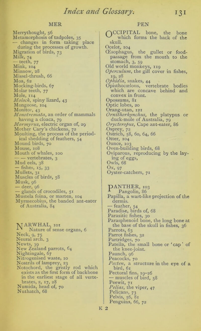 MER Merrythought, 56 Metamorphosis of tadpoles, 35 — changes in form taking place during the processes of growth. Migration of birds, 73 Milk, 74 — teeth, 77 Mink, 104 Minnow, 28 Missel-thrush, 66 Moa, 62 Mocking-birds, 67 Molar teeth, 77 Mole, 114 Moloch, spiny lizard, 43 Mongoose, 104 Monitor, 43 Monotremata, an order of mammals having a cloaca, 79 Mormyrus, electric organ of, 29 Mother Cary’s chickens, 72 Moulting, the process of the period- ical shedding of feathers, 54 Mound birds, 70 Mouse, 108 Mouth of whales, 100 vertebrates, 3 Mud eels. 38 — fishes, 15, 33 Mullets, 31 Muscles of birds, 58 Musk, 96 — deer, 96 — glands of crocodiles, 51 Mustela foina, or marten, 104 Myrmecobius, the banded ant-eater of Australia, 84 ■NJARWHAL, loi Nature of sense organs, 6 Neck, 9, 75 Neural arch, 3 Newts, 39 New Zealand parrots, 64 Nightingale, 67 Nitrogenised waste, 10 Nostrils of lamprey, 23 Notochord, the gristly rod which exists as the first form of backbone in the earliest stage of all verte- brates, 2, 17, 28 Numida, head of, 70 Nuthatch, 68 PEN f~\CCIPITAL bone, the bone which forms the back of the skull. Ocelot, 104 OEsophagus, the gullet or food- passage from the mouth to the stomach, 3, 59 Old world monkeys, 119 Operculum, the gill cover in fishes, 19, 28 Ophidia, snakes, 44 Opisthocoelous, vertebrate bodies which are concave behind and convex in front. Opossums, 81 Optic lobes, 20 Orang-utan, 121 Ornithorhynchus, the platypus or duck-mole of Australia, 79 Orycieropus, Cape ant-eater, 86 Osprey, 72 Ostrich, 58, 60, 64, 66 Otter, 104 Ounce, 103 Oven-building birds, 68 Oviparous, reproducing by the lay'- ing of eggs. Owls, 68 Ox, 97 Oyster-catchers, 71 TDANTHER, 103 Pangolin, 86 Papilla, a wart-like projection of the dermis. — feather, 54 Paradise, birds of, 68 Parasitic fishes, 30 Parasphenoid bone, the long bone at the base of the skull in fishes, 36 Parrots, 63 Parrot fishes, 32 Partridges, 70 Patella, the small bone or ‘cap’ of the knee-joint. Paunch, 96 Peacocks, 70 Pecteii, a structure in the eye of a bird, 61 Pectoral fins, 19-26 — muscles of bird, 58 Peewit, 71 Pelias, the viper, 47 Pelicans, 73 Pelvis, 56, 81 Penguins, 66, 72 K 2