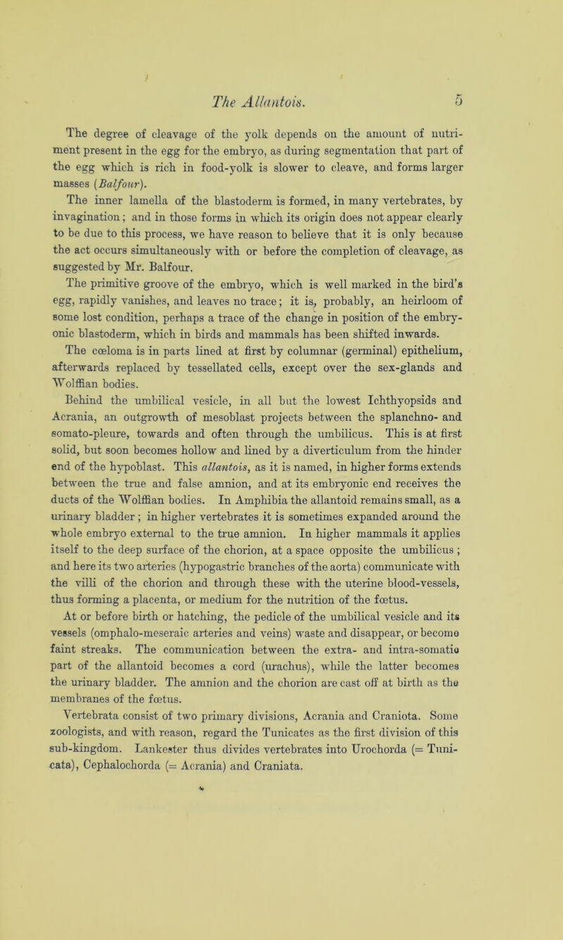 / The AUcoitois. o The degree of cleavage of the }’olk depends on the amount of nutri- ment present in the egg for the embryo, as during segmentation that part of the egg which is rich in food-yolk is slower to cleave, and forms larger masses {Balfour). The inner lamella of the blastoderm is formed, in many vertebrates, by invagination; and in those forms in which its origin does not appear clearly to be due to this process, we have reason to believe that it is only because the act occurs simultaneously with or before the completion of cleavage, as suggested by Mr. Balfour. The primitive groove of the embryo, which is well marked in the bird’s egg, rapidly vanishes, and leaves no trace; it is, probably, an heirloom of some lost condition, perhaps a trace of the change in position of the embry- onic blastoderm, which in birds and mammals has been shifted inwards. The cceloma is in parts lined at first by columnar (germinal) epithelium, afterwards replaced by tessellated cells, except over the sex-glands and MTolffian bodies. Behind the umbilical vesicle, in all but the lowest Ichthyopsids and Acrania, an outgrowth of mesoblast projects between the splanchno- and somato-pleure, towards and often through the umbilicus. This is at first solid, but soon becomes hollow and lined by a diverticulum from the hinder end of the hypoblast. This allantois, as it is named, in higher forms extends between the true and false amnion, and at its embryonic end receives the ducts of the Wolffian bodies. In Amphibia the allantoid remains small, as a urinary bladder; in higher vertebrates it is sometimes expanded around the whole embryo external to the true amnion. In higher mammals it applies itself to the deep surface of the chorion, at a space opposite the umbilicus ; and here its two arieries (hypogastric branches of the aorta) communicate with the vilU of the chorion and through these with the uterine blood-vessels, thus forming a placenta, or medium for the nutrition of the foetus. At or before birth or hatching, the pedicle of the rtmbilical vesicle and its vessels (omphalo-mcseraic arteries and veins) waste and disappear, or become faint streaks. The communication between the extra- and intra-somatio part of the allantoid becomes a cord (rrrachus), wirile the latter becomes tbe urinary bladder. The amnion and the chorion are cast off at birth as the membranes of the foetirs. Vertebrata consist of two primary divisions, Acrania and Craniota. Some zoologists, and with reason, regard the Tunicates as the first division of this sub-kingdom. Lankester thus divides vertebrates into Urochorda (= Tiini- cata), Cephalochorda (= Acrania) and Craniata.