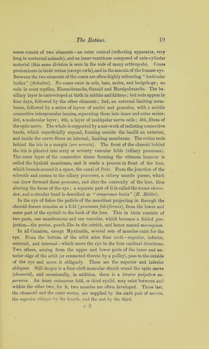The Retina. 10 cones consist of two elements—an outer conical (reflecting apparatus, very long in nocturnal animals), and an inner ventricose composed of axis-cylinder material (this same division is seen in the rods of many arthropods). Cones predominate in birds’ retina (except owls), and in the macula of the human eye. Between the two elements of the cones are often highly refracting “lenticular bodies” {Schultze). No cones exist in eels, bats, moles, and hedgehogs; no rods in most reptiles, Elasmobranchs, Ganoid and Marsipohranchs. The ba- cillary layer is undeveloped at hii-th in rabbits and kittens ; but rods appear in four days, followed by the other elements ; 2nd, an external limiting mem- brane, followed by a series of layers of nuclei and granules, with a middle connective intergranular lamina, separating them into inner and outer series; 3rd, a moleciilar layer; 4th, a layer of multipolar nerve cells ; 6th, fibres of the optic nerve. The whole is supported by a net-work of radiating connective bands, which superficially expand, forming outside the hacfili an external, and inside the nerve fibres an internal, limiting membrane. The retina ends behind the iris in a margin {ora serrata). The front of the choroid behind the iris is plicated into sixty or seventy vascular folds (ciliary processes). The outer layer of the connective tissue forming the vitreous humour is called the hyaloid membrane, and it sends a process in front of the lens, which hounds around it a space, the canal of Petit. From the junction of the sclerotic and cornea to the ciliary processes, a ciliary muscle passes, which can draw forward these processes, and alter the convexity of the lens, thus altering the focus of the eye ; a separate part of it is called the tensor choroi- dea, and a circular band is described as “ compressor lentis” {H. Miiller). In the eye of fishes the pedicle of the mesoblast projecting in through the choroid fissure remains as a fold {processus falciformis), from the lower and outer part of the eyeball to the hack of the lens. This in birds consists of two parts, one membranous and one vascular, which becomes a folded pro- jection—the pecten, pouch-like in the ostrich, and hence named marsupium. In all Craniota, except Myxinoids, several sets of muscles exist for the eye. From the bottom of the orbit arise four recti—superior, inferior, external, and internal—which move the eye in the four cardinal directions. Two others, arising from the upper and lower parts of the inner and an- terior edge of the orbit (or connected thereto by a pulley), pass to the outside of the eye and move it obliquely. These are the superior and inferior obliques. StiU deeper is a four-cleft muscular sheath round the optic nerve {choanoid), and occasionally, in addition, there is a levator palpehrct tu- perioris. An inner cutaneous fold, or third eyelid, may exist between and within the other two; for it, two muscles are often developed. These last, the choanoid and the outer rectus, are supplied by the sixth pair of nerves, the superior oblique by the fourth, and the rest by the thii’d. (■ 2