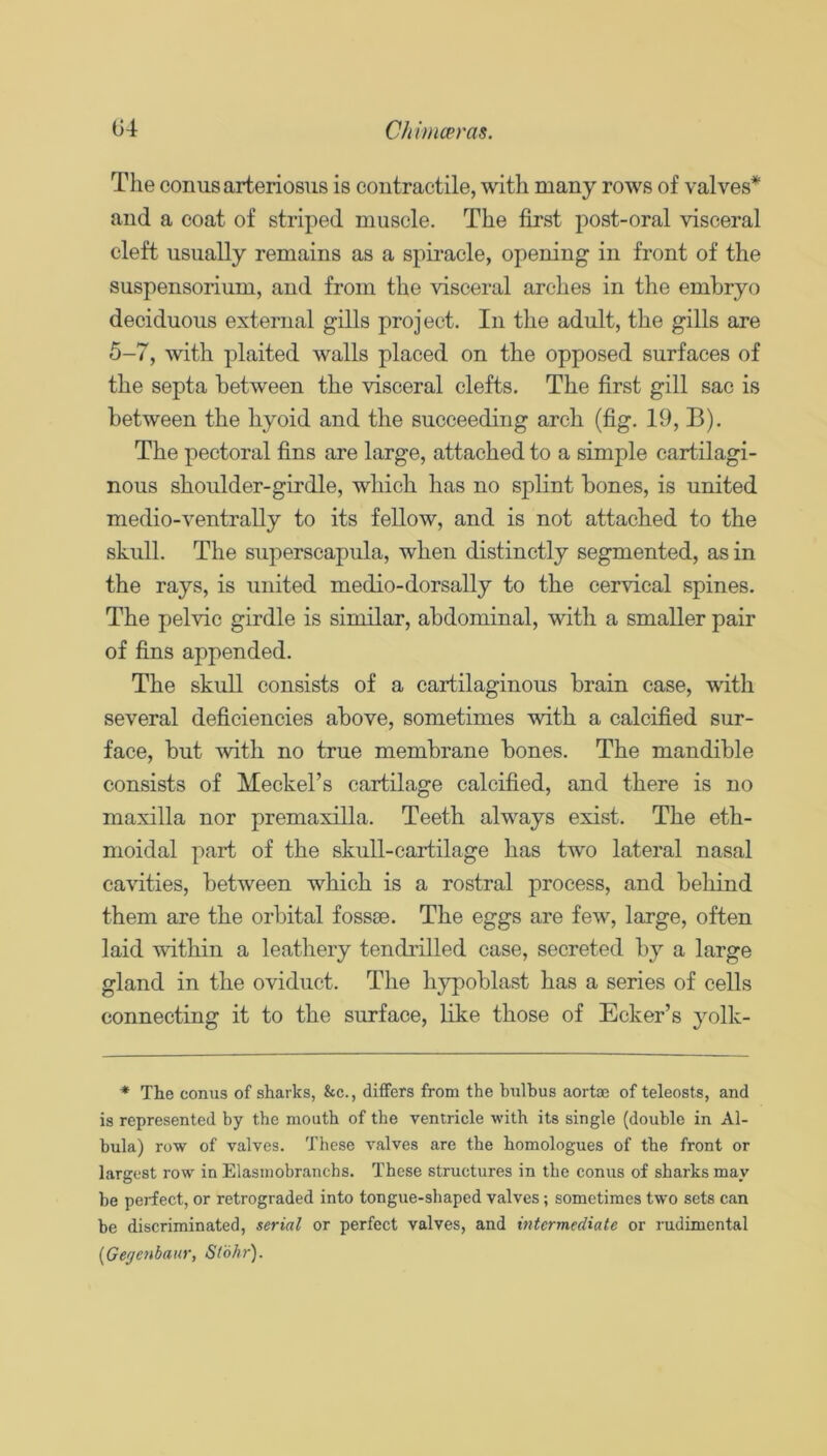 04 C/iimceras. Tlie conus arteriosus is contractile, with many rows of valves* and a coat of striped muscle. The first i^ost-oral visceral cleft usually remains as a spiracle, opening in front of the suspensorium, and from the visceral arches in the embryo deciduous external gills project. In the adult, the gills are 5-7, with plaited walls placed on the opposed surfaces of the septa between the visceral clefts. The first gill sac is between the hyoid and the succeeding arch (fig. 19, B). The pectoral fins are large, attached to a simple cartilagi- nous shoulder-girdle, which has no splint bones, is united medio-ventrally to its fellow, and is not attached to the skull. The superscapula, when distinctly segmented, as in the rays, is united medio-dorsally to the cervical spines. The pelvic girdle is similar, abdominal, with a smaller pair of fins appended. The skull consists of a cartilaginous brain case, with several deficiencies above, sometimes with a calcified sur- face, but with no true membrane bones. The mandible consists of Meckel’s cartilage calcified, and there is no maxilla nor premaxilla. Teeth always exist. The eth- moidal part of the skull-cartilage has two lateral nasal cavities, between which is a rostral process, and behind them are the orbital fossae. The eggs are few, large, often laid within a leathery tendrilled case, secreted by a large gland in the oviduct. The hypoblast has a series of cells connecting it to the surface, like those of Ecker’s yolk- ♦ The conus of sharks, &c., differs from the hulbus aortae of teleosts, and is represented by the mouth of the ventricle with its single (double in Al- bula) row of valves. These valves are the homologues of the front or largest row in Elasmobranchs. These structures in the conus of sharks may be perfect, or retrograded into tongue-shaped valves; sometimes two sets can be discriminated, serial or perfect valves, and intermediate or rudimental {Ge'jenbaur, Stbhr).