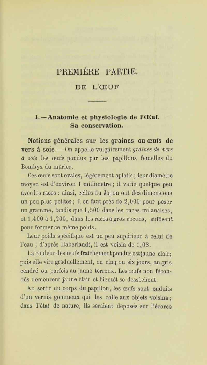 PREMIÈRE PARTIE. DE L'ŒUF I. —Anatomie et physiologie de l’Œuf. Sa conservation. Notions générales sur les graines ou œufs de vers à soie.— On appelle vulgairement graines de vers à soie les œufs pondus par les papillons femelles du Bombyx du mûrier. Ces œufs sont ovales, légèrement aplatis; leur diamètre moyen est d’environ 1 millimètre ; il varie quelque peu avec les races : ainsi, celles du Japon ont des dimensions un peu plus petites ; il en faut près de 2,000 pour peser un gramme, tandis que 1,500 dans les races milanaises, et 1,400 à 1,200, dans les races à gros cocons, suffisent pour former ce même poids. Leur poids spécifique est un peu supérieur à celui de l’eau ; d’après Haberlandt, il est voisin de 1,08. La couleur des œufs fraîchement pondus est jaune clair; puis elle vire graduellement, en cinq ou six jours, au gris cendré ou parfois au jaune terreux. Les œufs non fécon- dés demeurent jaune clair et bientôt se dessèchent. Au sortir du corps du papillon, les œufs sont enduits d’un vernis gommeux qui les colle aux objets voisins ; dans l’état de nature, ils seraient déposés sur l’écorce