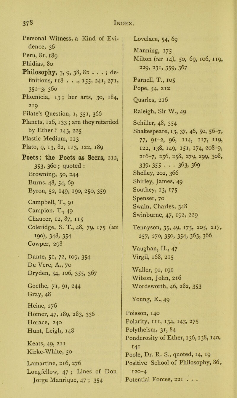 Personal Witness, a Kind of Evi- dence, 36 Peru, 81,189 Phidias, 80 Philosophy, 3, 9, 38, 82 ; de- finitions, 118 . . 155, 241, 271, 352-3i 360 Phoenicia, 13 ; her arts, 30, 184, 219 Pilate’s Question, 1, 351, 366 Planets, 126,133 ; are they retarded by Ether ? 143, 225 Plastic Medium, 113 Plato, 9, 13, 82, 113, 122, 189 Poets: the Poets as Seers, 212, 353i 360 ; quoted : Browning, 50, 244 Burns, 48, 54, 69 Byron, 52, 149, 190, 250, 359 Campbell, T., 91 Campion, T., 49 Chaucer, 12, 87, 115 Coleridge, S. T., 48, 79, 175 (see 19°), 348, 354 Cowper, 298 Dante, 51, 72, 109, 354 De Vere, A., 70 Dryden, 54, 106, 355, 367 Goethe, 71, 91, 244 Gray, 48 Heine, 276 Homer, 47. 189, 283, 336 Horace, 240 Hunt, Leigh, 148 Keats, 49, 211 Kirke-White, 50 Lamartine, 216, 276 Longfellow, 47 ; Lines of Don Jorge Manrique, 47 ; 354 Lovelace, 54, 69 Manning, 175 Milton (see 14), 50, 69, 106, 119, 229, 231, 359, 367 Parnell, T., 105 Pope, 54, 212 Quarles, 216 Raleigh, Sir W., 49 Schiller, 48, 354 Shakespeare, 13, 37, 46, 50, 56-7,. 77, 91-2, 96, 114, 117, 119, 122, 138, 149, 151, 174, 208-9, 216-7, 256, 258, 279, 299, 308, 339> 355 - - - 3637 369 Shelley, 202, 366 Shirley, James, 49 Southey, 13, 175 Spenser, 70 Swain, Charles, 348 Swinburne, 47, 192, 229 Tennyson, 35, 49, 175, 205, 217,. 257, 270, 350, 354, 363, 366 Vaughan, H., 47 Virgil, 168, 215 Waller, 91, 191 Wilson, John, 216 Wordsworth, 46, 282, 353 Young, E., 49 Poisson, 140 Polarity, hi, 134, I43» 275 Polytheism, 31, 84 Ponderosity of Ether, 136,138, 140, 141 Poole, Dr. R. S., quoted, 14, 19 Positive School of Philosophy, 86, 120-4 Potential Forces, 221 ...