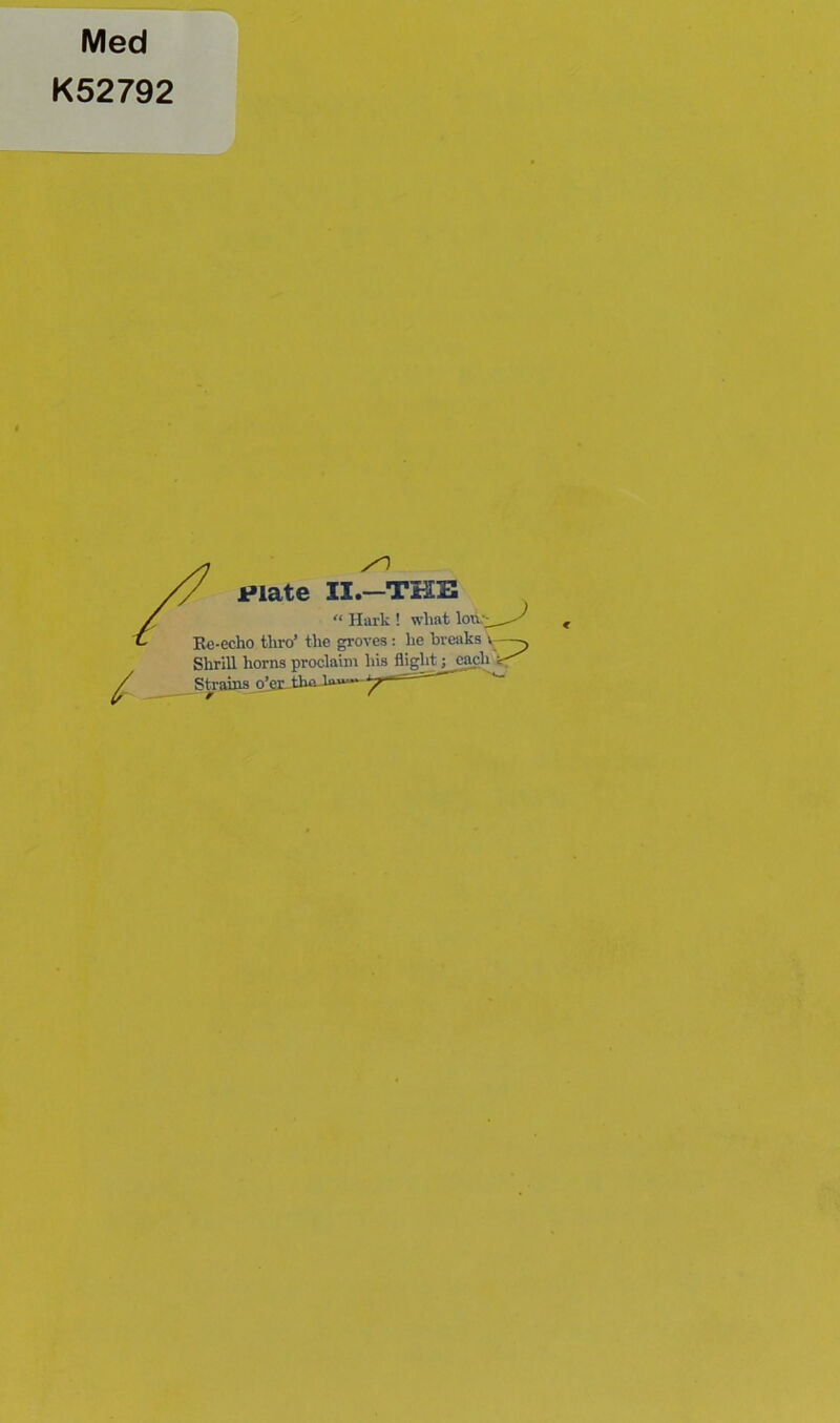 Med K52792 / Plate II.—THE “ Hark ! wliat Re-echo thro’ the proves: he breaks Shrill horns proclaim his flight; eanh Strains 0’s