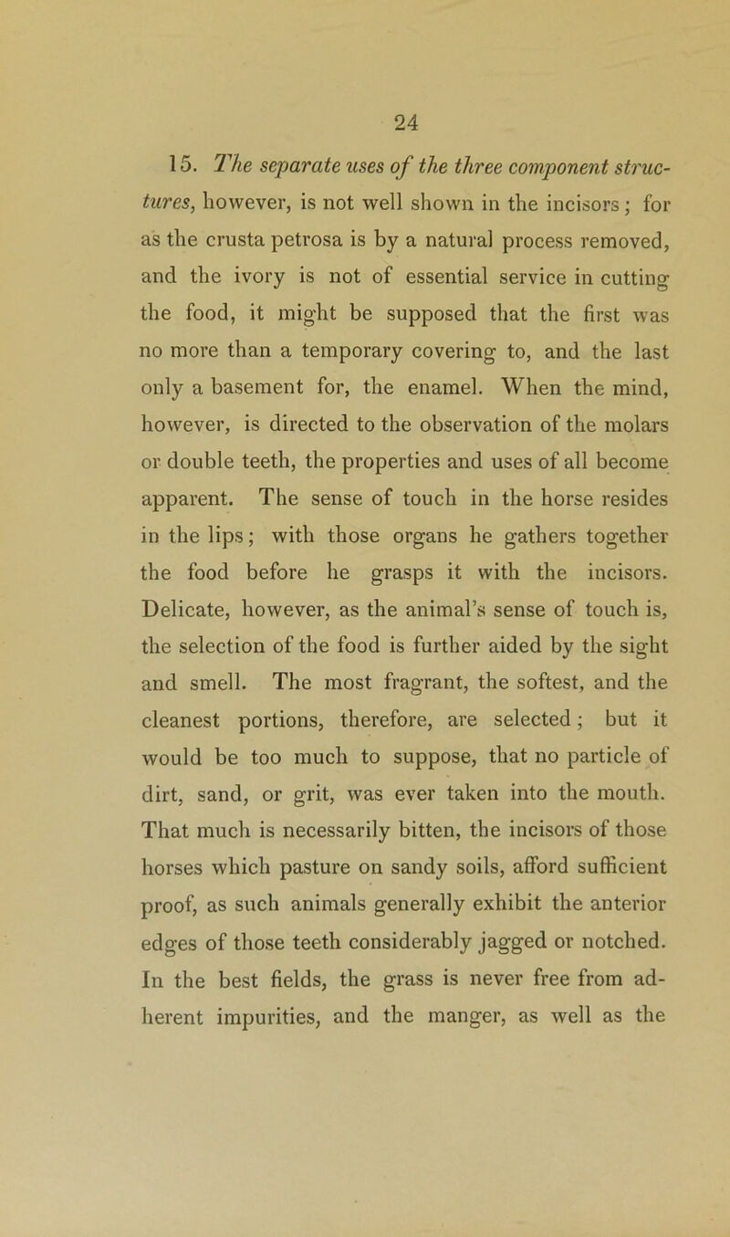 15. The separate uses of the three component struc- tures, however, is not well shown in the incisors; for as the crusta petrosa is by a natural process removed, and the ivory is not of essential service in cutting the food, it might be supposed that the first was no more than a temporary covering to, and the last only a basement for, the enamel. When the mind, however, is directed to the observation of the molars or double teeth, the properties and uses of all become apparent. The sense of touch in the horse resides in the lips; with those organs he gathers together the food before he grasps it with the incisors. Delicate, however, as the animal’s sense of touch is, the selection of the food is further aided by the sight and smell. The most fragrant, the softest, and the cleanest portions, therefore, are selected; but it would be too much to suppose, that no particle of dirt, sand, or grit, was ever taken into the mouth. That much is necessarily bitten, the incisors of those horses which pasture on sandy soils, afford sufficient proof, as such animals generally exhibit the anterior edges of those teeth considerably jagged or notched. In the best fields, the grass is never free from ad- herent impurities, and the manger, as well as the