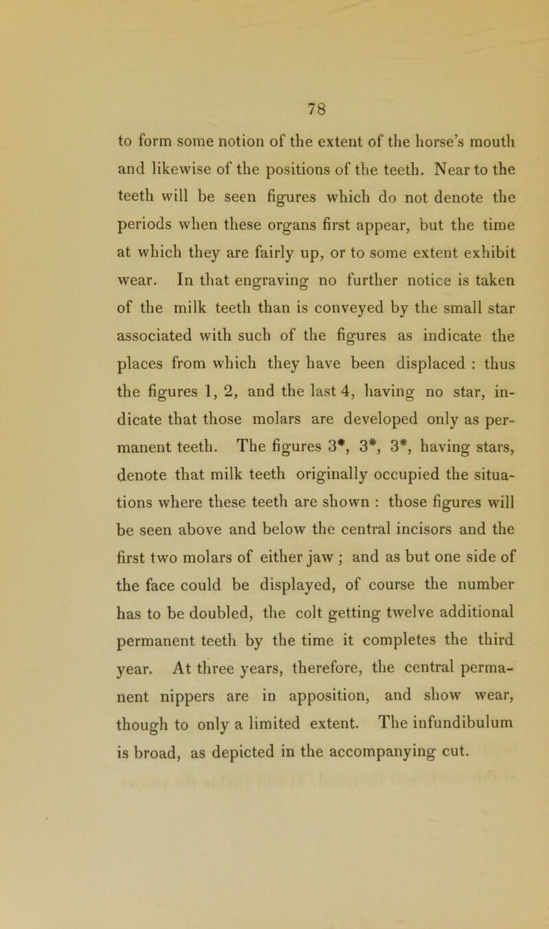 to form some notion of the extent of the horse’s mouth and likewise of the positions of the teeth. Near to the teeth will be seen figures which do not denote the periods when these organs first appear, but the time at which they are fairly up, or to some extent exhibit wear. In that engraving no further notice is taken of the milk teeth than is conveyed by the small star associated with such of the figures as indicate the places from which they have been displaced : thus the figures 1, 2, and the last 4, having no star, in- dicate that those molars are developed only as per- manent teeth. The figures 3*, 3#, 3*, having stars, denote that milk teeth originally occupied the situa- tions where these teeth are shown : those figures will be seen above and below the central incisors and the first two molars of either jaw ; and as but one side of the face could be displayed, of course the number has to be doubled, the colt getting twelve additional permanent teeth by the time it completes the third year. At three years, therefore, the central perma- nent nippers are in apposition, and show wear, though to only a limited extent. The infundibulum is broad, as depicted in the accompanying cut.