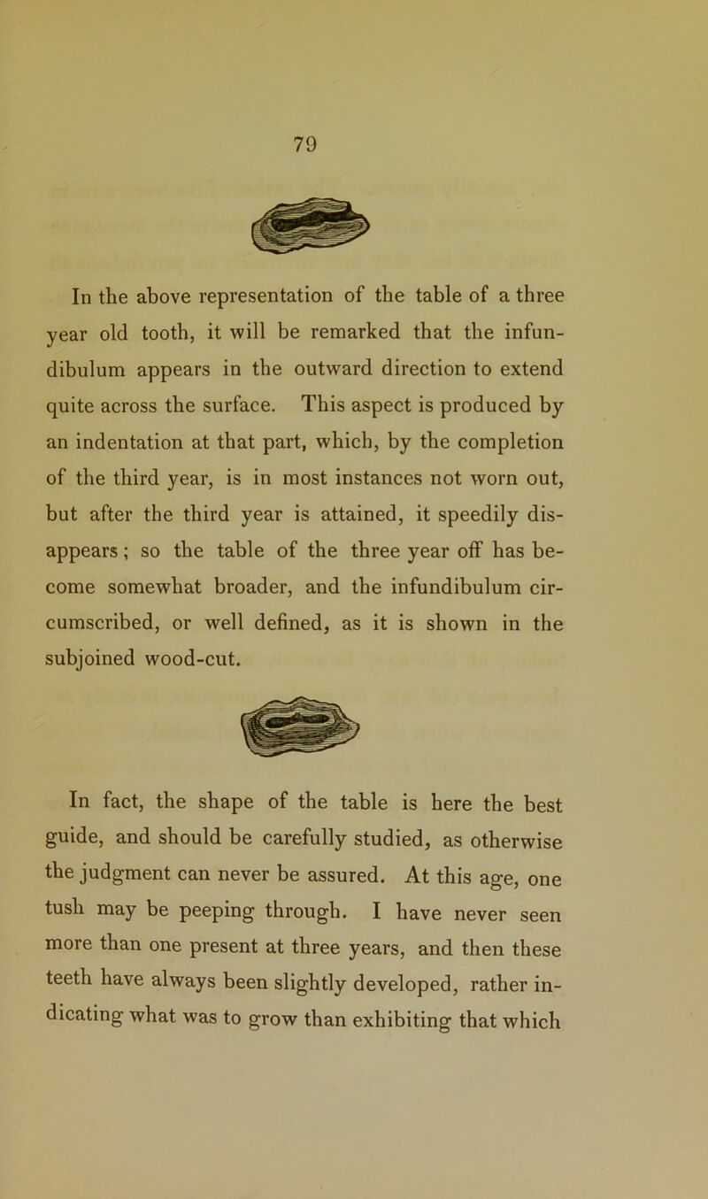 In the above representation of the table of a three year old tooth, it will be remarked that the infun- dibulum appears in the outward direction to extend quite across the surface. This aspect is produced by an indentation at that part, which, by the completion of the third year, is in most instances not worn out, but after the third year is attained, it speedily dis- appears ; so the table of the three year off has be- come somewhat broader, and the infundibulum cir- cumscribed, or well defined, as it is shown in the subjoined wood-cut. In fact, the shape of the table is here the best guide, and should be carefully studied, as otherwise the judgment can never be assured. At this age, one tush may be peeping through. I have never seen more than one present at three years, and then these teeth have always been slightly developed, rather in- dicating what was to grow than exhibiting that which