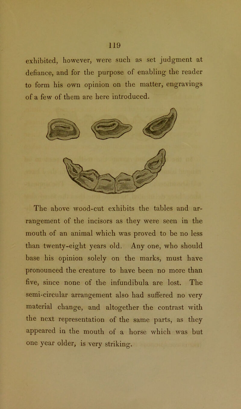 exhibited, however, were such as set judgment at defiance, and for the purpose of enabling the reader to form his own opinion on the matter, engravings of a few of them are here introduced. The above wood-cut exhibits the tables and ar- rangement of the incisors as they were seen in the mouth of an animal which was proved to be no less than twenty-eight years old. Any one, who should base his opinion solely on the marks, must have pronounced the creature to have been no more than five, since none of the infundibula are lost. The semi-circular arrangement also had suffered no very material change, and altogether the contrast with the next representation of the same parts, as they appeared in the mouth of a horse which was but one year older, is very striking.