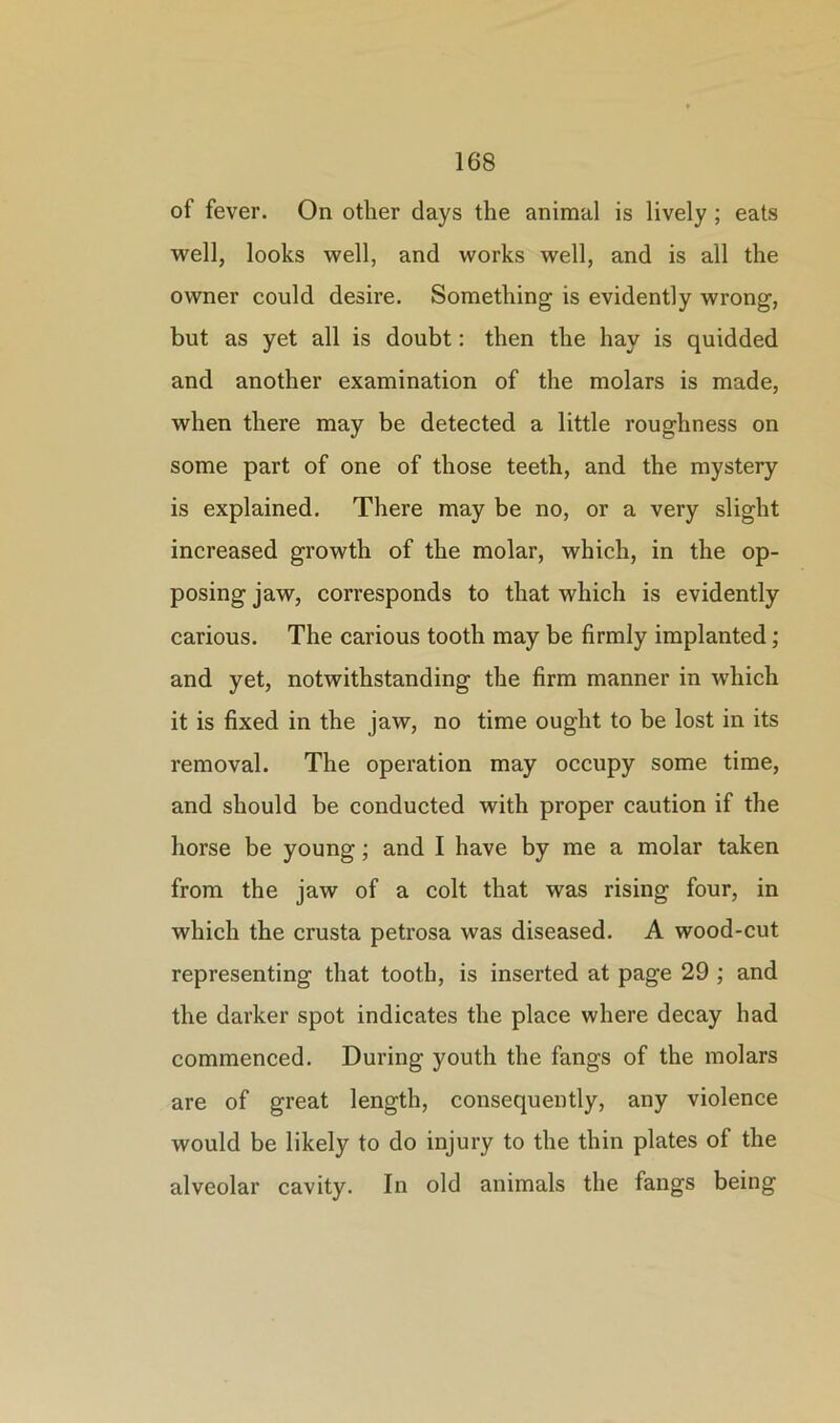 of fever. On other days the animal is lively ; eats well, looks well, and works well, and is all the owner could desire. Something is evidently wrong, but as yet all is doubt: then the hay is quidded and another examination of the molars is made, when there may be detected a little roughness on some part of one of those teeth, and the mystery is explained. There may be no, or a very slight increased growth of the molar, which, in the op- posing jaw, corresponds to that which is evidently carious. The carious tooth may be firmly implanted; and yet, notwithstanding the firm manner in which it is fixed in the jaw, no time ought to be lost in its removal. The operation may occupy some time, and should be conducted with proper caution if the horse be young; and I have by me a molar taken from the jaw of a colt that was rising four, in which the crusta petrosa was diseased. A wood-cut representing that tooth, is inserted at page 29 ; and the darker spot indicates the place where decay had commenced. During youth the fangs of the molars are of great length, consequently, any violence would be likely to do injury to the thin plates of the alveolar cavity. In old animals the fangs being