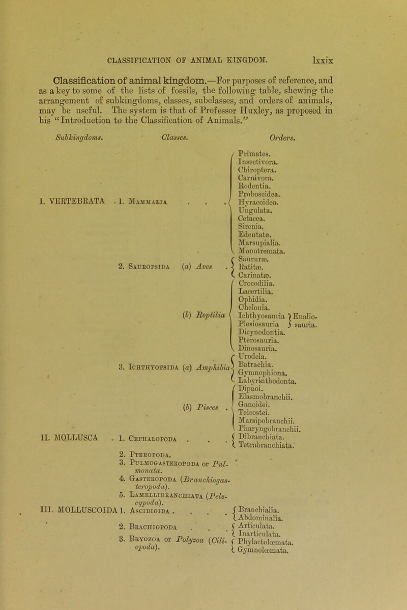 Classification of animal kingdom.—For purposes of reference, and as a key to some of the lists of fossils, the following table, skewing the arrangement of subkingdoms, classes, subclasses, and orders of animals, may be useful. The system is that of Professor Huxley, as proposed in his “Introduction to the Classification of Animals/’’ Subkingdoms. Classes. Orders. I. VERTEBRATA II. MOLLUSC A . 1. Mammalia 2. Saueopsida / Primates. Insectivora. Chiroptera. Carnivora. Rodentia. Proboscidea. . . . I Hyracoidea. Ungulata. Cetacea. Sirenia. Edentata. Marsupialia. V Monotremata. ( Saururae. (a) Arcs . 5 Ratitae. v. Carinate). 1 Crocodilia. Lacertilia. Opbidia. Chelonia. (b) Heptilia ( Iebtbyosamia Enalio- Plesiosauria j sauria. Dicynodontia. 3. ICHTHYOPSIDA (a) 1. Cephalopoda Pterosauria. V Dinosauria. r Urodela. Amphibia), Batrachia. ) Gymnophiona. t Labyrinthodonta. ’ Dipnoi. Elasmobranchii. Ganoidei. Teleostei. Marsipobranchii. Pbaryngobrancbii. f Dibranchiata. (. Tetrabrancbiata. (b) Pisces 2. Pteeopoda. 3. Pulmogasteeopoda or Pul- monala. 4. Gasteeopoda (Pranchiogas- teropoda). 5. Lamf.llibeanchiata (Pele- cypoda). III. MOLLUSCOIDA1. Ascidioida . . . , f Branchialia. I Abdominalia. 2. Bbachiopoda . . ( Articulata. „ r> „ , ‘ l Inarticnbita. 3. Beyozoa or Polyzoa (Cili- ( Phylactoloemata. °lJuda^ l Gymnolcemata.