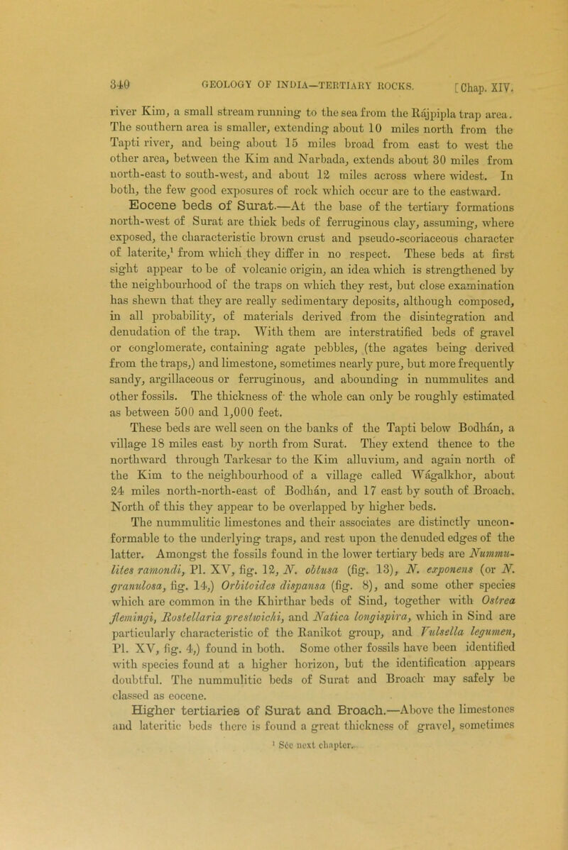 river Kim, a small stream running to the sea from the Rajpipla trap area. The southern area is smaller, extending about 10 miles north from the Tapti river, and being about 15 miles broad from east to west the other area, between the Kim and Narbada, extends about 30 miles from north-east to south-west, and about 12 miles across where widest. In both, the few good exposures of rock which occur are to the eastward. Eocene beds of Surat.—At the base of the tertiary formations north-west of Surat are thick beds of ferruginous clay, assuming, where exposed, the characteristic brown crust and pseudo-scoriaceous character of laterite,1 from which they differ in no respect. These beds at first sight appear to be of volcanic origin, an idea which is strengthened by the neighbourhood of the traps on which they rest, but close examination has shewn that they are really sedimentary deposits, although composed, in all probability, of materials derived from the disintegration and denudation of the trap. With them are interstratified beds of gravel or conglomerate, containing agate pebbles, (the agates being derived from the traps,) and limestone, sometimes nearly pure, but more frequently sandy, argillaceous or ferruginous, and abounding in nummulites and other fossils. The thickness of- the whole can only be roughly estimated as between 500 and 1,000 feet. These beds are well seen on the banks of the Tapti below Bodhan, a village 18 miles east by north from Surat. They extend thence to the northward through Tarkesar to the Kim alluvium, and again north of the Kim to the neighbourhood of a village called Wagalkhor, about 24 miles north-north-east of Bodhan, and 17 east by south of Broach. North of this they appear to be overlapped by higher beds. The nummulitic limestones and their associates are distinctly uncon- formable to the underlying traps, and rest upon the denuded edges of the latter. Amongst the fossils found in the lower tertiary beds are Nummu- lites ramondi, PI. XV, fig. 12, N. oblusa (fig. 13), N. exponens (or N. granulosa, fig. 14,) Orbiloidcs dispansa (fig. 8), and some other species which are common in the Khirtliar beds of Sind, together with Oslrca flemingi, Roslellaria prestwichi, and Natica longispira, which in Sind are particularly characteristic of the Ranikot group, and Vulsella legumen, PI. XV, fig. 4,) found in both. Some other fossils have been identified with species found at a higher horizon, but the identification appears doubtful. The nummulitic beds of Surat and Broaclv may safely be classed as eocene. Higher tertiaries of Surat and Broach.—Above the limestones and lateritic beds there is found a great thickness of gravel, sometimes 1 See next chapter.