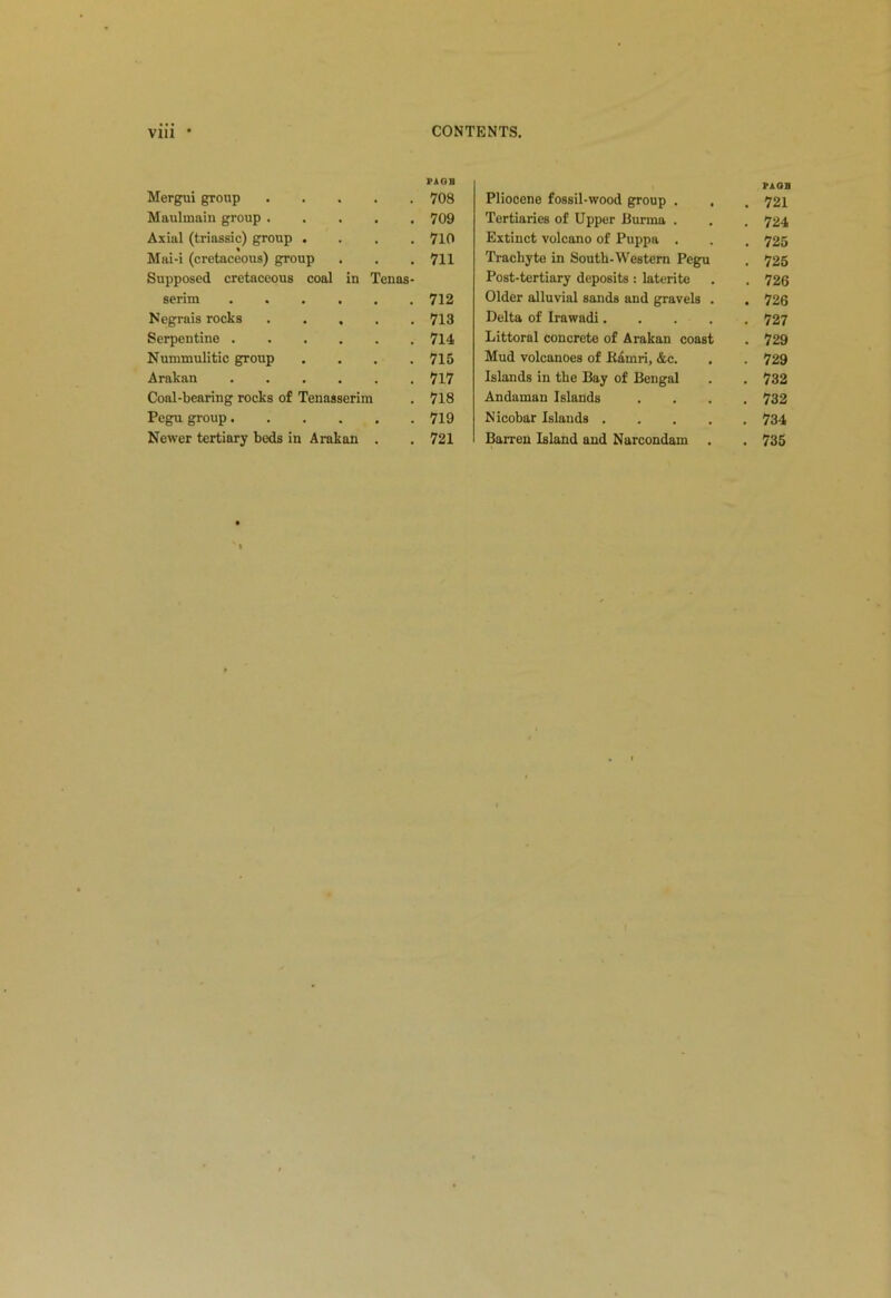 Mergui group PAG H 708 Maulinain group 709 Axial (triassic) group .... 710 Mai-i (cretaceous) group 711 Supposed cretaceous coal in Tenas- serim 712 Negrais rocks 713 Serpentine 714 Nummulitic group .... 715 Arakan 717 Coal-bearing rocks of Tenasserim 718 Pegu group 719 Newer tertiary beds in Arakan . 721 Pliocene fossil-wood group . , PAQB . 721 Tertiaries of Upper Burma . . 724 Extinct volcano of Puppa . . 725 Trachyte in South-Western Pegu . 725 Post-tertiary deposits : laterite . 726 Older alluvial sands and gravels . . 726 Delta of Irawadi.... . 727 Littoral concrete of Arakan coast . 729 Mud volcanoes of itamri, &c. . 729 Islands in the Bay of Bengal . 732 Andaman Islands . 732 Nicobar Islands .... <r CO Barren Island and Narcondam . . 735