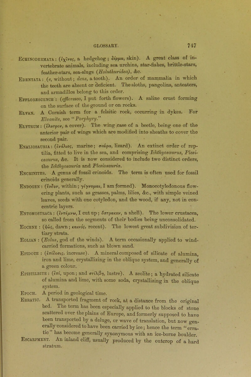 Echinodermata : (tx'i'of, a hedgehog; Uppa, skin). A great class of in- vertebrate animals, including sea urchins, star-fishes, brittle-stars, feather-stars, sea-slugs (Holuthuridea), &c. Edentata : (e, -without; dens, a tooth) . An order of mammalia in which the teeth are absent or deficient. The sloths, pangolins, anteaters, and armadillos belong to this order. Efflorescence: (effloresco, I put forth flowers). A saline crust forming on the surface of the ground or on rocks. Elvan. A Cornish term for a felsitic rock, occurring in dykes. For Elvmite, see “Porphyry.” Elytrum: (eXvrpor, a cover). The wing .case of a beetle, being one of the anterior pair of wings which are modified into sheaths to cover the second pair. Enaliosauria: (trdXiof, marine; travpa, lizard). An extinct order of rep- tilia, fitted to live in the sea, and comprising Ichthyosaurus, Plesi- osaurus, &c. It is now considered to include two distinct orders, the Ichthyosauria and Plesiosauria. Encrinites. A genus of fossil crinoids. The term is often used for fossil crinoids generally. Endogen: (ivfov, within; ytyvopai, I am formed). Monocotyledonous flow- ering plants, such as grasses, palms, lilies, &c., with simple veined leaves, seeds with one cotyledon, and the wood, if any, not in con- centric layers. Entomostraca: (b'Tf'pi'dj, I cutup; narpaKov, a shell). The lower Crustacea, so called from the segments of their bodies being unconsolidated. Eocene : (?)wc, dawn; kcuvos, recent). The lowest great subdivision of ter- tiary strata. Eolian : (Polus, god of the winds). A term occasionally applied to wind- carried formations, such as blown sand. Epidote : {tirilocns, inorease). A mineral composed of silicate of alumina, iron and lime, crystallizing in the oblique system, and generally of a green colour. Epistilbite : (lid, upon; and or/X/3>;, lustre). A zeolite; a hydrated silicate of alumina and lime, with some soda, crystallizing in the oblique system. Epoch. A period in geological time. Erratic. A transported fragment of rock, at a distance from the original bed. The term has been especially applied to the blocks of stone scattered over the plains of Europe, and formerly supposed to have been transported by a deluge, or wave of translation, but now gen- erally considered to have been carried by ice; hence the term “erra- tic has become generally synonymous with an ice-borne boulder. Escarpment. An inland cliff, usually produced by the outcrop of a hard stratum.