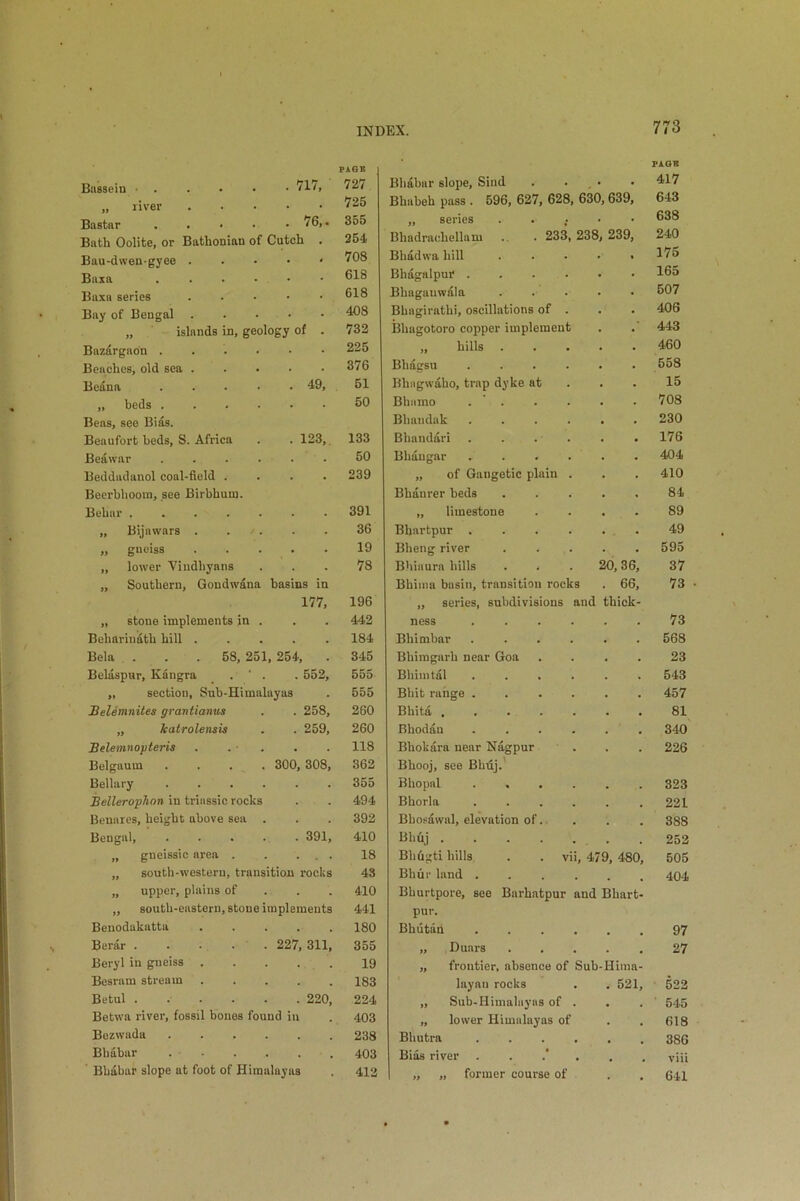 PAGE PAGE Bassein • . . 717, 727 Bhabar slope, Sind . * * 417 „ liver . 725 Bhabeh pass . 596, 627, 628, 630, 639, 643 Bastar . • * . 76,. 355 „ series 638 Bath Oolite, or Batkonian of Cutch . 254 Bhadraehellam .. . 233, 238, 239, 240 Bau-dwen-gyee . . 708 Bhddwa hill 175 Baxa . . 618 Blidgalpur .... 165 Baxa series . 618 Bhagauwala 507 Bay of Bengal . . 408 Bhagirathi, oscillations of . 406 „ islands in, geology of . 732 Bliagotoro copper implement 443 Bazargaon .... . 225 „ hills . 460 Benches, old sea . . 376 Blidgsu .... 558 Bedna .... . 49, 51 Bhagwaho, trap dyke at 15 „ beds .... . . 50 Bhamo . ’ . 708 Beas, see Bias. Bhnndak .... 230 Beaufort beds, S. Africa . 123, 133 Bhanddri . . . . 176 Beawar .... . 50 Bhdugar .... 404 Beddadanol coal-field . . 239 „ of Gnugetic plain . 410 Beerbhoom, see Birbhum. Bhanrer beds 84 Behar . 391 „ limestone 89 „ Bijawars . . / . 36 Bbartpur .... 49 „ gneiss . 19 Blieng river 595 ,, lower Vindhyans . 78 Bhiaura hills 20,36, 37 „ Southern, Gondwdna basins in Bhima basin, transition rocks . 66, 73 177, 196 „ series, subdivisions and thick- „ stone implements in . . 442 ness .... 73 Beharindth hill . . 184 Bliimbar .... 568 Bela . . .58, 251 254, . 345 Bhimgarli near Goa 23 Belaspur, Kangra . ' . . 552, 555 Bhim tdl .... 543 „ section, Sub-Himalayas 555 Bhit range .... 457 Belemnites grantignus . 258, 260 Bhitd ..... 81 „ Icatrolensis . 259, 260 Bhoddn .... 340 Belemnopteris . 118 Bhokara near Nagpur Bhooj, see Bbtij.' 226 Belgaum . . . . 300, 308, 362 Bellary . . . . ■ 355 Bhopal .... 323 Bellerophon in triassic rocks • 494 Bhorla .... 221 Benares, height above sea . 392 Bbosawal, elevation of.. 388 Bengal . 391, 410 Bhuj 252 ,, gneissic area . 18 Bhfigti hills . . vii, 479, 480, 505 „ south-western, transition rocks 43 Bhur land .... . 404 „ upper, plains of • 410 Bhurtpore, see Bnrlratpur and Bhart- „ south-eastern, stone implements 441 pur. Benodnkatta 180 Bhutan .... 97 Berar . . • . . 227, 311, 355 „ Duars 27 Beryl in gneiss . • . . 19 „ frontier, absence of Sub-Hima- Besram stream 183 layan rocks . 521, 522 Betul . . 220, 224 ,, Sub-Himalayas of . , # 545 Betwa river, fossil bones found in 403 „ lower Himalayas of . 618 Bezwada . . . . . 238 Bliutra .... 386 Bhabar . ■ • 403 Bids river . . .* . viii Blidbar slope at foot of Himalayas 412 „ „ former course of , , 641