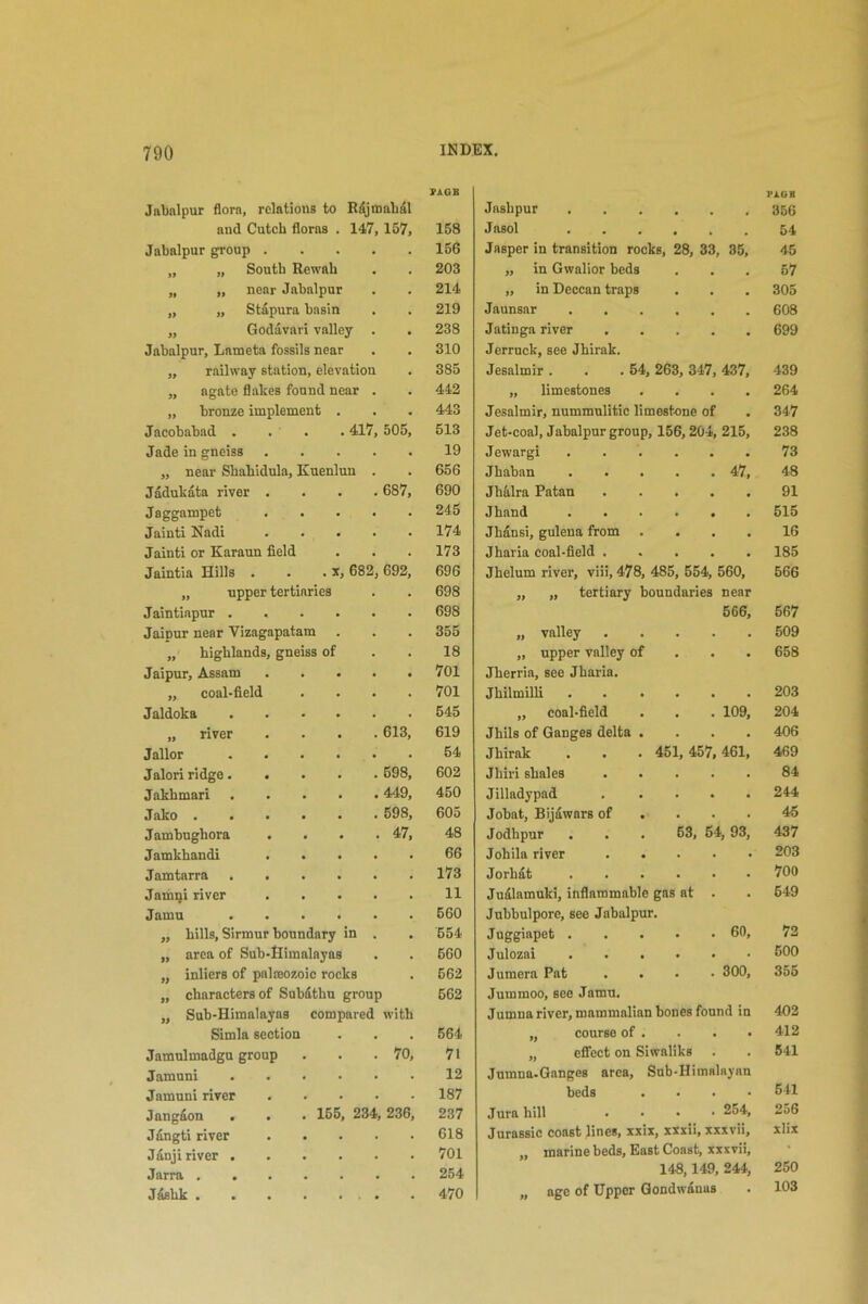 PAGE PAG* Jabalpur flora, relations to Rajmalial Jashpur • . . 356 and Cutch floras . 147, 157, 158 Jasol • • . 54 Jabalpur group .... 156 Jasper in transition rocks, 28, 33, 35, 45 „ „ South Rewah 203 „ in Gwalior beds • • • 57 „ „ near Jabalpur 214 „ in Deccan traps • • • 305 „ „ Stapura basin 219 Jaunsar . 608 „ Godavari valley . 238 Jatinga river • • • 699 Jabalpur, Lnmeta fossils near 310 Jerruck, see Jhirak. „ railway station, elevation 385 Jesalmir. . .54, 263, 347, 437, 439 „ agate flakes found near . 442 „ limestones • . . 264 „ bronze implement . 443 Jesalmir, nummulitic limestone of 347 Jacobabad . . . . 417, 505, 513 Jet-coal, Jabalpur group, 156,204, 215, 238 Jade in gneiss .... 19 Jewargi • • 73 „ near Shakidula, Kuenlun . 656 Jhaban . . . . . 47, 48 Jadukata river . . . . 687, 690 Jhalra Patan • 91 Jaggampet . . . . 245 Jhand • • • 515 Jainti Nadi .... 174 Jhansi, gulena from • • • 16 Jainti or Karaun field 173 Jharia coal-field . • • • 185 Jaintia Hills . . . x, 682, 692, 696 Jkelum river, viii, 478, 485, 554, 560, 566 „ upper tertiaries 698 „ „ tertiary boundaries near Jaintiapur 698 566, 567 Jaipur near Vizagapatam 355 „ valley . . 509 „ highlands, gneiss of 18 „ upper valley of . 658 Jaipur, Assam .... 701 Jherria, see Jharia. „ coal-field 701 Jhilmilli • • 203 Jaldoka 545 „ coal-field . 109, 204 „ river . 613, 619 Jhils of Ganges delta . . 406 Jailor . 54 Jhirak 451, 457, 461, 469 Jalori ridge 598, 602 Jhiri shales . 84 Jakhmari 449, 450 Jilladypad . 244 Jako 598, 605 Jobat, Bijawars of . 45 Jambughora . . . . 47, 48 Jodhpur 53, 54, 93, 437 Jamkhandi . 66 Johila river . . . 203 Jamtarra 173 Jorh&t . 700 Jamni river . . . . 11 Jualamuki, inflammable gas at . 649 Jamu 560 Jubbulpore, see Jabalpur. „ hills. Si rmur boundary in . 554 Juggiapet . . . 60, 72 „ area of Sub-Himalayas 560 Julozai . . . . 500 „ inliers of palaeozoic rocks 562 Jumera Pat . 300, 355 „ characters of Subathu group 562 Jurnmoo, see Jamu. „ Sub-Himalayns compared with Jumna river, mammalian bones found in 402 Simla section . 564 „ course of . . 412 Jamulmadgu group 70, 71 „ effect on Siwaliks 541 Jamuni . 12 Jumna. Ganges area, Sub-Ilimalayan Jamuni river . . . . . 187 beds . 541 Jangaon . . . 165, 234, 236, 237 Jura hill . 254, 256 Jangti river . . . . • 618 Jurassic coast lines, xxix, xxxn, xxxvn. xlix Janji river , 701 „ marine beds, East Coast, xxxvii, 250 Jarra 254 148,149, 244, Jashk . 470 „ age of Upper Gondwauas 103