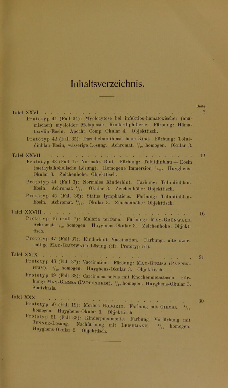 Inhaltsverzeichnis. Tafel XXVI Prototyp 41 (Fall 34): Myelocytose bei infektiös-hämatoxischer (anä- mischer) myeloider Metaplasie, Kinderdiphtherie. Färbung: Häma- toxylin-Eosin. Apochr. Comp. Okular 4. Objekttisch. Prototyp 42 (Fall 35): Darmhelminthiasis beim Kind. Färbung: Tolui- dinblau-Eosin, wässerige Lösung. Achromat. 'jvl homogen. Okular 3. Tafel XXVII Prototyp 43 (Fall 1): Normales Blut. Färbung: Toluidinblau -f- Eosin (methylalkoholische Lösung). Plomogene Immersion 1/12. Huyghens- Okular 3. Zeichenhöhe: Objekttisch. Prototyp 44 (Fall 3): Normales Kinderblut. Färbung: Toluidinblau- Eosin. Achromat. 7i2- Okular 3. Zeichenhöhe: Objekttisch. Prototyp 45 (Fall 36): Status lymphaticus. Färbung: Toluidinblau- Eosin. Achromat. ‘/12. Okular 3. Zeichenhöhe: Objekttisch. Tafel XXVII1 Prototyp 46 (Fall 7): Malaria tertiana. Färbung: May-Grünwald. Achromat. 712 homogen. Huyghens-Okular 3. Zeichenhöhe: Objekt- tisch. Prototyp 47 (Fall 37): Kinderblut, Vaccination. Färbung: alte azur- haltige MAY-GRÜNWALD-Lösung (cfr. Prototyp 51). Tafel XXIX Prototyp 48 (ball 37): Vaccination. Färbung: May-Giemsa (Pappen- heim). V12 homogen. Huyghens-Okular 3. Objekttisch. Prototyp 49 (Fall 38): Carcinoma pelvis mit Knochenmetastasen. Fär- bung: May-Giemsa (Pappenheim). 712 homogen. Huyghens-Okular 3. Stativbasis. Tafel XXX Prototyp oO (Fall 19): Morbus Hodgkin. Färbung mit Giemsa. ll homogen. Huyghens-Okular 3. Objekttisch. ••ototyp 51 (Fall 33): Kinderpneumonie. Färbung: Vorfärbung mit ENNER-Lösung. Nachfärbung mit Leishmann. 7 homogen Huyghens-Okular 2. Objekttisch.