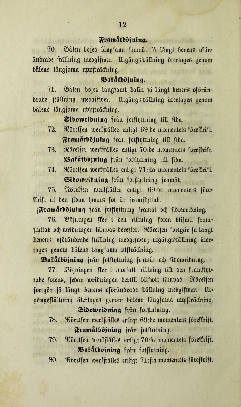 ^ramåtböittiug. 70. Sålen Böjjes långfamt framåt få långt Benens oför? änbrabe ftättning mebgifmer. UtgångSftättning återtages genom Bålens tångfama nppfträdning. äSaffltböjmttg* 71. Såten Böjjes långfamt Balåt få långt Benens oförän? brabe ftättning mebgifmer. UtgångSftättning återtages genom Båtens tångfama uppfträcfning. @ibotprtbttinö från fotfltyttning titt ftba. 72. 91öretfen merfftättes entigt 69:be momentets föreffrift. ^ramatböjnittö från fotjtyttning titt ftba. 73. 9?örelfer mertftätles enligt 70:be momentets föreffrtft. SBafåtbojtttttg från fotffyttning titt ftba. 74. 9?öretfen merfftättes entigt 71:fta momentets föreffrtft. ^tbottmbtttng från fotftt)ttning framåt. 75. 9töretfen merfftättes entigt 69:be momentets före- ffrift åt ben ftban Ijmars fot är framftyttab. I^ramåtbbjtutiö från fotfltyttning framåt ocfj ftbomribning. 76. Söjningen ffer i ben riftntng foten Btifmit fram? fttjttab odj mribningen tärngas berefter. ^öretfen fortgår få tångt Benens oföränbrabe ftättning mebgifmer; ntgångsftättning åter? tages genom Båtens tångfama ntfträcfning. ^afåtböjnhtö från fotfttyttning framåt odj ftbomribning. 77. Söjnhtgen ffer i motfatt riftning titt ben framfttjt? tabe fotens, feban mribningen bertitt Btifmit tämpab. 01öretfen fortgår få tångt Benens oföränbrabe ftättning mebgifmer. Ut? gångsftättning återtages genom Båtens tångfama upbfträcfning, (»ibottmbmttg från fotftntning. 78. ^öretfen merfftättes entigt 69:be momentets föreffrift. ^ratttåtbojintnö från fotftutning. 79. 97öretfen mrrfftättes entigt 70:be momentets föreffrift. SSafåtböjnitiö från fotftntning. 80. Dlöretfen merfftättes entigt 71:fta momentets föreffrift.