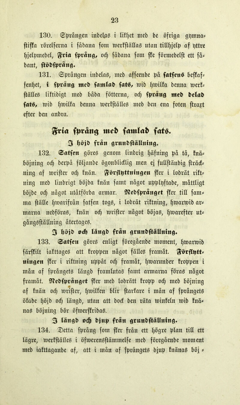 130. prången mbetag t lifljet meb be öfrtga gpmna* ftiffa rörelferna t fåbana fom merfftättag utan tiMjjelp af pttre Ijjelpmebel, $ria fpråtig, odjj fåbana fom ffe förmebelft ett få* bant, fföbfpråttg* 131. ©prången inbelag, meb affeenbe på fatfené beffaf* fenpet, t fprång meb famlob fats, mib Ijmilfa benna merf* ftälleg tittibigt meb båba fotterna, odjj fpråtig meb belab fats, mtb Ijmilfa benna merfftättes meb ben ena foten ftrajt efter ben anbra. gtia fpråttg meb fcunfob 3 f)i>ib från grunbftättnittg* 132. ©ötfeti göreg genom tinbrig f)äfning på tå, fnä* böjning odjj berpå fötjanbe ögonblitflig men ej fnttftänbig fträcf- ning af mrifter odj fnän. fler i lobrät rift* ning meb linbrigt böjba fnän famt något upplpftabe, måttligt böjbe odj något ntåtförba armar, ^ebfprånöet ffer titt fam* ma ftätte Ijmarifrån fatfen togg, i lobrät riftning, Ijmarmib ar* marna nebförag, fnän odj mrifter något böjag, ^marefter ut* gånggftättning återtageg. 3 fjäjb o# läit0b frått örutibftättmtto* 133. ©atfeit göreg enligt föregåenbe moment, Ijmarmib färffilt iafttageg att froppen något fätteg framåt. $orftytt* tttngeu ffer i riftning nppåt odj framåt, Ijmarunber froppen i mån af fprångetg längb framlntag famt armarna förag något framåt. 0?ebffcrånget ffer meb lobrätt fropp odj meb böjning af fnän od) mrifter, Ijmilfen blir ftarfare i mån af fprångetg öfabe Ijöjb odfj längb, ntan att bocf ben räta minfeln mib fnä* nag böjning bör öfmerffribag. 3 längb bjup från grunbftällning- 134. 2)etta fprång fom ffer från ett fjögre plan till ett lägre, merfftätteg i öfmerengftämmelfe meb föregåenbe moment meb iafttaganbe af, att i mån af fprångetg bjnp fnänag böj *