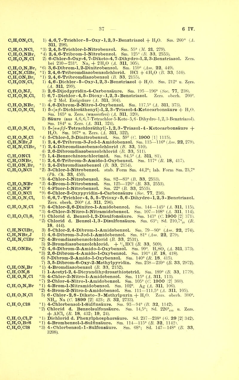 c0H2o]sr3ci3 C6H202NC13 C6H202NBr3 CliH203N.1Cl CuH204N2Br, C6H2N,ClBr3 C6H3ON2Br3 C(.H3ON3Cl2 cch3o2nj2 CüH302N3C12 C6H303NBr, C6H303N3C12 c6h3o3n3ci4 c6h3o4n2ci C6H3NBr3J C0H3N2ClBr2 C6H4ONCl C6H4ONBr3 C6H4ON2Br„ c6h4o2nci C0H4O2NBr c6h4o2nf c6h4o3nci c6h4o3n3ci3 c6h4o4n3ci CtiH404Cl2S2 C6H4]SrClBr2 C6H4NBr2J C6H4N2ClBr C6H5ONBr2 CgH5ON2Br cGH5o]sr3s c„h.o2n2ci C6H502N2Br c6H5o2]sr4ci c6h5o2cis c6h5o2ci2p C6H502BrS c6hbo3cis 1) 4,6,7-Trichlor-5-Oxy-l,2,3-Benztriazol-f II20. Sm. 260“ (.A. 311, 298). *3) 2,4,5-Trichlor-l-mtrobenzol. Sm. 55° (M. 21, 279). *4) 2,4,6-Tribrom-l-Nitrobenzol. Sm. 125° (B. 33, 2553). 2) 6-Chlor-5-Oxy-4, 7-Diketo-4,7-Dihydro-l,2,3-Benztriazol. Zers, bei 230-231°. Na2 + 2H20 (M. 311, 305). *6) 3,6-Dibrom-l,2-Dinitrobenzol. Sm. 159° (Am. 22, 449). *1) 2,4,6-Tribromdiazobenzolchlorid. HCl + 4H20 (B. 33, 510). *1) 2,4,6-Tribromdiazobenzol (.B. 33, 2155). 1) 4,6-Diehlor-5-Oxy-l,2,3-Benztriazol + H.,0. Sm. 212° u. Zers. (A. 311, 299). 3) 2,6-Dijodpyridin-4-Carbonsäure. Sm. 195—196° (Soe. 77, 238). 1) 6,7-Dichlor-4,5-Dioxy-l,2,3-Benztriazol. Zers, oberh. 260°. + 2 Mol. Essigsäure (A. 311, 304). *1) 4,6-Dibrom-2-Nitro-l-Oxybenzol. Sm. 117,5° (A. 311, 373). 1) 5-[«(?-Dichloräthenyl]-l, 2,3-Triazol-4-Ketocarbonsäure H.,0. Sm. 165° u. Zers, (wasserfrei) (A. 311, 320). 2) Säure (aus 4,6,6,7-Tetrachlor-5-Keto- 5,6- Dihydro-1,2,3-Benztriazol). Sm. 184° u. Zers. (A. 311. 324). 1) 5-[aa(9(?-Tetrachloräthyl]-l,2,3-Triazol-4-Ketocarbonsäure -f- H20. Sm. 167° u. Zers. (A. 311, 322). *4) 5-Chlor-l, 3-Dinitrobenzol. Sm. 59° (C. 1900 [1] 1115). 1) 2,4,6-Tribrom-3-Jod-l-Amidobenzol. Sm. 11.5—116° (Am. 22, 279). *1) 2,4-Dibromdiazobenzolchlorid (B. 33, 510). 4) 2,6-Dibromdiazobenzolchlorid (B. 33, 511). *2) 1,4-Benzochinoneblorimid. Sm. 84,5° (A. 311, 81). *1) 2,4,6-Tribrom-3-Amido-l-Oxybenzol. Sm. 117° (R. 18, 417). *1) 2,4-Dibromdiazobenzol (B. 33, 2154). *2) 3-Chlor-l-Nitrobenzol. stab. Form Sm. 44,2°; lab. Form Sm. 23,7° (PA. Ch. 33, 450). *3) 4-Chlor-l-Nitrobenzol. Sm. 82—83° (B. 33, 2553). *3) 4-Brom-l-Nitrobenzol. Sm. 125—126° (B. 33, 2553). *1) 4-Fluor-l-Nitrobenzol. Sm. 22° (B. 33, 2555). *9) 6-Chlor-2-Oxypyridin-4-Carbonsäure (Soe. 77, 236). 1) 6,6,7-Trichlor-4, 5, 5-Trioxy-5,6-Dihydro-1,2,3-Benztriazol. Zers, oberb. 260° (A. 311, 296). *2) 4-Chlor-2,6-Dinitro-l-Amidobenzol. Sm. 144—145° (A. 311, 115). *3) 4-Chlor-2-Nitro-l-Nitramidobenzol. Sm. 107—108° (A. 311, 114). *1) Chlorid d. Benzol-1,2-Disulfonsäure. Sm. 143° (C. 1900 [2] 371). *2) Chlorid d. Benzol-1,3 - Disulfonsäure. Sm. 63°; Sd. 210,7°2O (R. 18, 444). 3) 5-Chlor-2,4-Dibrom-l-Amidobenzol. Sm. 79—80° (Am. 22, 274). 1) 4,6-Dibrom-3-Jod-l-Amidobenzol. Sm. 81° (Am. 22, 279). *2) 4-Bromdiazobenzolehlorid (B. 33, 2531). 3) 2-Bromdiazobenzolchlorid. + V3HCI (B. 33, 509). *2) 4,6-Dibrom-2-Amido-l-Oxybenzol. Sm. 99°. H2S04 (A. 311, 373). *3) 2,6-Dibrom-4-Amido-l-Oxybenzol. Sm. 191° (R. 18, 418). 6) ?-Dibrom-2-Amido-l-Oxybenzol. Sm. 140° (R. 18, 415). 7) 3,5-Dibrom-6-Oxy-2-Methylpyridin. Sm. 238—239° (B. 33, 2972). *1) 4-Bromdiazobenzol (B. 33, 2152). 1) l-Aeetyl-2,4-Dieyandihydroazthioteti*id. Sm. 189° (B. 33, 1779). *3) 4-Chlor-2-Nitro-l-Amidobenzol. Sm. 115° (A. 311, 113). *7) 2-Chlor-4-Nitro-l-Amidobenzol. Sm. 105° (C. 1900 [2] 360). *1) 4-Brom-l-Nitramidobenzol. Sm. 102°. Ag (A. 311, 106). *2) 4-Brom-2-mtro-l-Amidobenzol. Sm. 111—111,5° (A. 311, 105). 5) 6-Chlor-2,8-Diketo-3-Methylpurin -j- H20. Zers, oberh. 300°. NH4, Na (G. 1899 [2] 423; B. 32, 2733). *1) 4-Chlorbenzol-l-Sulfinsäure. Sm. 93—94° (B. 32, 1142). *2) Chlorid d. Benzolsulfonsäure. Sm. 14,5°; Sd. 226°400 11. Zers. + A1C13 (R. 18, 432; 19, 24). *1) Dichlorid d. Phenylphosphorsäure. Sd. 237—238° (G. 29 [2] 342). *1) 4-Brombenzol-l-Sulflnsäure. Sm. 114—115° (B. 32, 1142'. *3) 4-Chlorbenzol-1-Sulfonsäure. Sm. 68°; Sd. 147—148° (B. 33, 3208).