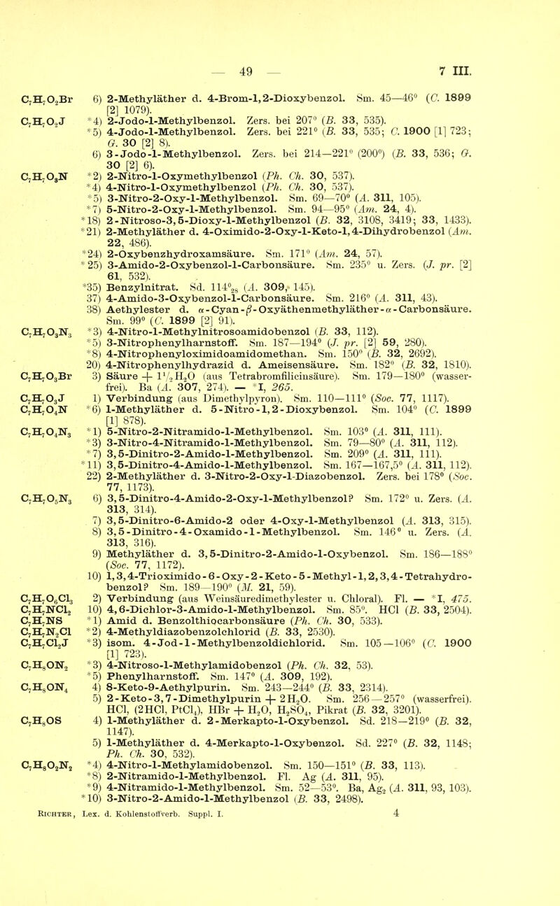 CyHjOsBr CjH^OoJ c7h7o8n C-H?03]Sr:i CjH-OgBr C-BL03J c7h7o4n C7H7O4N3 CjH^OsNg C7H706Cl3 C7H7NC12 c7h7ns CjHjNjCI C7H7C12J c7h8on2 C7HsON4 C7H8OS c7H8o2N2 Eichter , 6) 2-Methyläther d. 4-Brom-l,2-Dioxybenzol. Sm. 45—46° (C. 1899 [2] 1079). *4) 2-Jodo-l-Methylbenzol. Zers, bei 207° (B. 33, 535). *5) 4-Jodo-l-Methylbenzol. Zers, bei 221° (B. 33, 535; C. 1900 [1] 723; G. 30 [2] 8). 6) 3-Jodo-1-Methylbenzol. Zers, bei 214—221° (200°) (B. 33, 536; G. 30 [2] 6). *2) 2-Nitro-l-Oxymethylbenzol (Ph. Ch. 30, 537). *4) 4-Nitro-l-Oxymethylbenzol (Ph. Gh. 30, 537). *5) 3-Nitro-2-Oxy-l-Methylbenzol. Sm. 69—70° (A. 311, 105). *7) 5-Nitro-2-Oxy-l-Methylbenzol. Sm. 94—95° (Am. 24, 4). *18) 2-Nitroso-3,5-Dioxy-l-Methylbenzol (B. 32, 3108, 3419; 33, 1433). *21) 2-Methyläther d. 4-Oximido-2-Oxy-l-Keto-l,4-Dihydrobenzol (Am. 22, 486). *24) 2-Oxybenzhydroxamsäure. Sm. 171° (Am. 24, 57). * 25) 3-Amido-2-Oxybenzol-l-Carbonsäure. Sm. 235° u. Zers. (J. pr. [2] 61, 532). *35) Benzylnitrat. Sd. 114°28 (A. 309,» 145). 37) 4-Amido-3-Oxybenzol-l-Carbonsäure. Sm. 216° (A. 311, 43). 38) Aethylester d. «- Cyan-ß-Oxyäthenmethyläther -n- Carbonsäure. Sm. 99° (G. 1899 [2] 91). *3) 4-Nitro-l-Methylnitrosoamidobenzol (B. 33, 112). *5) 3-NitrophenylharnstofF. Sm. 187—194° (J. pr. [2] 59, 280). *8) 4-Nitrophenyloximidoamidomethan. Sm. 150° (B. 32, 2692). 20) 4-Nitrophenylhydrazid d. Ameisensäure. Sm. 182° (B. 32, 1810). 3) Säure -(- I’/oHjO (aus Tetrabromfilicinsäure). Sm. 179—180° (wasser- frei). Ba (A. 307, 274). — *1, 265. 1) Verbindung (aus Dimethylpyron). Sm. 110—111° (Sog. 77, 1117). 0) 1-Methyläther d. 5-NTtro-l,2-Dioxybenzol. Sm. 104° (C. 1899 [1] 878). *1) 5-Nitro-2-Nitramido-l-Methylbenzol. Sm. 103° (A. 311, 111). *3) 3-Nitro-4-Nitramido-l-Methylbenzol. Sm. 79—80° (A. 311, 112). *7) 3,5-Dinitro-2-Amido-l-Methylbenzol. Sm. 209° (A. 311, 111). *11) 3,5-Dinitro-4-Amido-l-Methylbenzol. Sm. 167—167,5° (A. 311, 112). 22) 2-Methyläther d. 3-Nitro-2-Oxy-l-Diazobenzol. Zers, bei 178° (Soc. 77, 1173). 6) 3,5-Dinitro-4-Amido-2-Oxy-l-Methylbenzol ? Sm. 172° u. Zers. (A. 313, 314). 7) 3,5-Dinitro-6-Amido-2 oder 4-Oxy-l-Methylbenzol (A. 313, 315). 8) 3,5-Dinitro-4-Oxamido-l-Methylbenzol. Sm. 146° u. Zers. (A. 313, 316). 9) Methyläther d. 3,5-Dinitro-2-Amido-l-Oxybenzol. Sm. 186—188° (Soc. 77, 1172). 10) 1,3,4-Trioximido - 6 - Oxy - 2 - Keto - 5 - Methyl -1,2,3,4 - Tetrahydro- benzol? Sm. 189—190° (M. 21, 59). 2) Verbindung (aus Weinsäuredimethylester u. Chloral). Fl. — *1, 475. 10) 4,6-Dichlor-3-Amido-l-Methylbenzol. Sm. 85°. HCl (B. 33, 2504). *1) Amid d. Benzolthipearbonsäure (Ph. Ch. 30, 533). *2) 4-Methyldiazobenzolchlorid (B. 33, 2530). *3) isom. 4-Jod-l-Methylbenzoldiehlorid. Sm. 105—106° (G. 1900 [1] 723). *3) 4-Nitroso-l-Methylamidobenzol (Ph. Ch. 32, 53). *5) Phenylharnstoff. Sm. 147° (A. 309, 192). 4) 8-Keto-9-Aethylpurin. Sm. 243—244° (B. 33, 2314). 5) 2-Keto-3,7-Dimethylpurin-|-2H20. Sm. 256 — 257° (wasserfrei). HCl, (2HCl, PtCl4), HBr -f- H20, H2S04, Pikrat (B. 32, 3201). 4) 1-Methyläther d. 2-Merkapto-l-Oxybenzol. Sd. 218—219° (B. 32, 1147). 5) 1-Methyläther d. 4-Merkapto-l-Oxybenzol. Sd. 227° (B. 32, 1148; Ph. Ch. 30, 532). *4) 4-Nitro-l-Methylamidobenzol. Sm. 150—151° (B. 33, 113). *8) 2-Nitramido-l-Methylbenzol. Fl. Ag (A. 311, 95). *9) 4-Nitramido-l-Methylbenzol. Sm. 52—53°. Ba, Ag2 (A. 311, 93, 103). *10) 3-Nitro-2-Amido-l-Methylbenzol (B. 33, 2498). Lex. d. KohlenstoffVerb. Suppl. I. 4