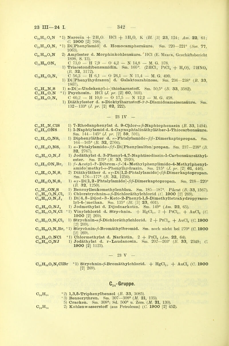 C23EL,7OsN *1) Narcein + 2H20. HCl 3H20, K (Bl. [3] 23, 124; Am. 22. 61- G. 1900 [2] 768). C23H9302N9 *1) Di[Phenylamid] d. Homoeamphersäure. Sm. 220—221° (Soe. 77. 1063). 05,11290514 2) Amylester d. Morphinkohlensäure. ' HCl (E. Merck, Geschäftsbericht 1898, S. 13). C23H80ON4 C 73,0 — H 7,9 — 0 4,2 - N 14,8 — M. G. 378. 1) Triaeetondibenzamidin. Sm. 160°. (2HC1, PtCl4 -4- H20), 2 HNO, (B. 32, 3172). C23H30O8N4 C 56,3 — H 6,1 — 0 26,1 — N 11,4 — M. G. 490. 1) Di[Phenylhydrazon] d. Galaktoarabinose. Sm. 236—238° (B. 33. 1807). C23H44N2S 1) s-Di[«-Undekenyl-A-]thioharnsto£f. Sm. 50,5° (B. 33, 3582). C23H4607N *1) Psychosin. HCl (J. pr. [2] 60, 503). C23H4605N4 C 60,2 — H 10,0 — 0 17,5 — N 12,2 — M. G. 458. 1) Diäthylester d. s-Dioktylharnstoflf-##-Diamidoameisensäure. Sm. 132-133° (J. pr. [2] 62, 222). C23HuN,C1S c23H19oisrs c23h19o2ns2 c23h19o6ns2 C^H^O^J C23H22ON4Br2 c23h22o8n2s2 C23H230143S C23H2402142C14 c23h24o2n4j4 023H24O714J3 c23h25o2n2ci C.,3H250,>N3C13 C23H2602TSr2Br2 c23h26o7nci C28H320414J — 23 IV - 1) 7-B.hodanphenylat d. 9-Chlor-« ^-Naphtophenazin (B. 33, 1494). 1) 1-Naphtylamid d. 4-Oxynaphtalinäthyläther-l-Thiocarbonsäure. Sm. 144-145° (J. pr. [2] 59, 591). 1) Diphenyläther d. c<-Phtalylamido-ßß-Dimerkaptopropan. Sm. 164—165° (B. 32, 2766). 1) n - Phtalylamido -ßß-Di [Phenylsulfon] propan. Sm. 237—238° (B. 32, 2767). 1) Jodäthylat d. 3-Phenyl-4,7-Naphtisodiazin-l-Carbonsäureäthyl- ester. Sm. 225° (B. 33, 2920). 1) ß- Acetyl - ? -Dibrom - ß- [4-Methylphenylimido-4-Methylphenyl- amido] methyl-a-Phenylhydrazin. Sm. 215° (J. pr. [2] 61, 446). 2) Diäthyläther d. «/-Di[l,2-Phtalylamido]-j?(?-Dimerkaptopropan. Sm. 176—177° (B. 32, 1250). 1) oty-Di[l,2-Phtalylamido]-ÄÄ-Dimerkaptopropan. Sm. 218—220° (B. 32, 1250). 1) Benzoylleukomethylenblau. Sm. 185—187°. Pikrat (B. 33, 1567). 1) Chlorstrychnin-tt^-Dichloräthylchlorid (C. 1900 [2] 269). 1) Di [4,5 -Dijod- 3 - Keto-2-Phenyl-l,5-Dimethyltetrahydropyrazo- lyl-4-]methan. Sm. 135° (Bl. [3] 23, 601). 1) Jodmethylat d. Dijodnarkotin. Sm. 149° (Am. 22, 65). *1) Vinylchlorid d. Strychnin. + HgCU, 2 + PtCl4, + AuCL (C. 1900 [2] 269). 1) Strychnin-« j?-Dichloräthylchlorid. 2 4- PtCl4, -f AuCL (C. 1900 [2] 269). *1) Stryehnin-p’-Bromäthylbromid. Sm. noch nicht hei 270° (C. 1900 [2] 269). *1) Chlormethylat d. Narkotin. 2 PtCl4 (Am. 22, 64). 1) Jodäthylat d. r-Laudanosin. Sm. 202—203° (B. 33, 2349; C. 1900 [2] 1123). — 23 V — C23H9602N2ClBr +1) Strychnin-Ä-Bromäthylchlorid. + HgCl2, + AuC13 (C. 1900 [2] 269). C24-Gruppe. C24H1S *2) 1,3,5-Triphenylbenzol (B. 33, 3085). *3) Benzerythren. Sm. 307—308° (M. 21, 135). 5) Cracken. Sm. 308°; Sd. 500° u. Zers. (M. 21, 130). C24H60 2) Kohlenwasserstoff (aus Petroleum) (G. 1900 [2] 452).