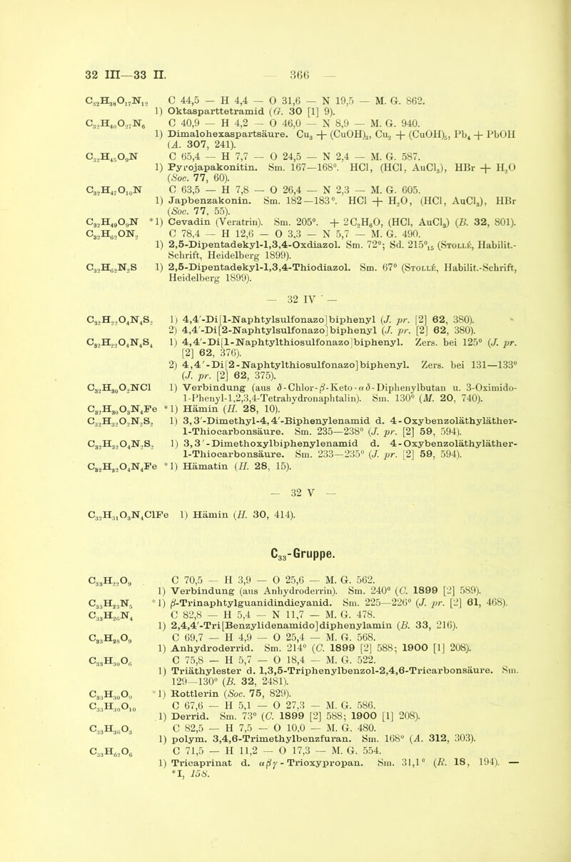 C32Hs8Oi7Ni2 c32h4Bo9n c32h47o10n c32h49o9n C32H8., ON, C32HÜ2N2S C 44,5 — H 4,4 — 0 31,6 — N 19,5 — M. G. 862. 1) Oktasparttetramid (O. 30 [1] 9). C 40,9 — H 4,2 - 0 46,0 — N 8,9 — M. G. 940. 1) Dimalohexaspartsäure. Cu3 + (CuOH)3, Cu., -j- (CuOH)5, Pb4 + PbOH (A. 307, 241). C 65,4 — H 7,7 — 0 24,5 — N 2,4 — M. G. 587. 1) Pyrojapakonitin. Sm. 167-168. HCl, (HCl, AuC13), HBr + K.0 (Soc. TI, 60). C 63,5 — H 7,8 — O 26,4 — N 2,3 — M. G. 605. 1) Japbenzakonin. Sm. 182—183°. HCl + H,0, (HCl, AuC13), HBr (Soc. 77, 55). 1) Cevadin (Veratrin). Sm. 205°. + 2C..H30, (HCl, AuCls) (B. 32, 801). C 78,4 — H 12,6 - O 3,3 — N 5,7 — M. G. 490. 1) 2,5-Dipentadekyl-l,3,4-Oxdiazol. Sm. 72°; Sd. 215°13 (Stollk, Habilit.- Schrift, Heidelberg 1899). 1) 2,5-Dipentadekyl-l,3,4-Thiodiazol. Sm. 67° (Stoi.l#:, Habilit.-Schrift, Heidelberg 1899). - 32 IV ' — c32h22o4n4s2 c32h22o4n4s4 c32h90o2nci C32H30O3N4Fe c32h32o2n2s2 c32h32o4n2s2 C32Ha204N4Fe 1) 4,4'-Di [1-Naphtylsulfonazo] biphenyl (J. pr. [2] 62, 380). 2) 4,4'-Di[2-Naphtylsulfonazo] biphenyl (J. pr. [2] 62, 380). 1) 4,4'-Di[l-Naphtylthiosulfonazo biphenyl. Zers, bei 125° (J. pr. [2] 62, 376). 2) 4,4'-Di[2-Naphtylthiosulfonazo]biphenyl. Zers, bei 131—133° (J. pr. [2] 62, 375). 1) Verbindung (aus <5 - Chlor- Keto -ad- Diphenylbutan u. 3-Oximido- l-Phenyl-l,2,3,4-Tetrabydronaphtalin). Sm. 130° (AI. 20, 740). *1) Hämin (H. 28, 10). 1) 3,3'-Dimethyl-4,4'-Biphenylenamid d. 4-Oxybenzoläthyläther- 1-Thiocarbonsäure. Sm. 235—238° (J. pr. [2] 59, 594). 1) 3,3' - Dimethoxylbiphenylenamid d. 4-Oxybenzoläthyläther- 1-Thiocarbonsäure. Sm. 233—235° (J. pr. [2] 59, 594). *1) Hämatin (H. 28, 15). - 32 V — C32H3,03N4ClPe 1) Hämin (H. 30, 414). C33-Gruppe. c33H22o9 c33h23n5 c33h26h4 c33h28o9 c33h30o0 C83H30O9 c33h30o10 C33H3ß03 c33H82o6 C 70,5 — H 3,9 — O 25,6 — M. G. 562. 1) Verbindung (aus Anhydroderrin). Sm. 240° (O. 1899 [2] 589). *1) (3-Trinaphtylguanidindicyanid. Sm. 225—226° (J. pr. [2] 61, 468). C 82,8 — H 5,4 — N 11,7 — M. G. 478. 1) 2,4,4'-Tri[Benzylidenamido]diphenylamin (B. 33, 216). C 69,7 — H 4,9 — 0 25,4 — M. G. 568. 1) Anhydroderrid. Sm. 214° (G. 1899 [2] 588; 1900 [1] 208). C 75,8 — H 5,7 — 0 18,4 - M. G. 522. 1) Triäthylester d. l,3,5-Triphenylbenzol-2,4,6-Tricarbonsäure. Sm. 129—130° (B. 32, 2481). *1) Rottlerin (Soc. 75, 829). C 67,6 — H 5,1 — 0 27,3 — M. G. 586. .1) Derrid. Sm. 73° (G. 1899 [2] 588; 1900 [1] 208). C 82,5 — H 7,5 - 0 10.0 — M. G. 480. 1) polym. 3,4,6-Trimethylbenzfuran. Sm. 168 (A. 312, 303). C 71,5 — II 11,2 — O 17,3 — M. G. 554. 1) Tricaprinat d. ußy - Trioxypropan. Sm. 31,1° (R. 18, 194). — *1, 15 8.