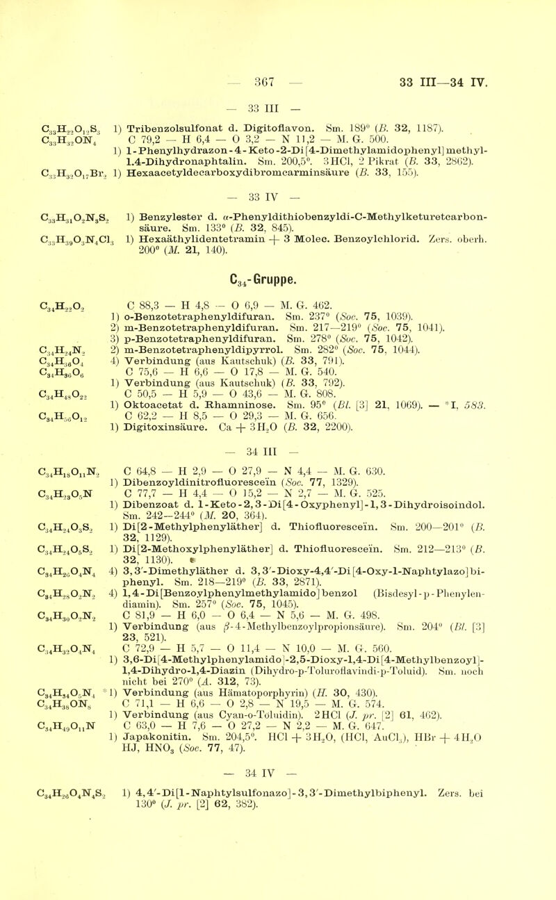 „KWM C3SHä,0,„S3 c^H^oisr, Ci)3H32017Br2 c33h31o2n3s2 c33H39o3]sr4ci c34h22o2 4n, «o4 eOs c34h4So22 c34h50o12 — 33 III — 1) Tribenzolsulfonat d. Digitoflavon. Sm. 189° (B. 32, 1187). C 79,2 — H 6,4 — 0 3,2 — N 11,2 — M. G. 500. 1)1- Phenylhydrazon - 4 - Keto -2-Di [4-Dimethylamidophenyl] methyl- 1.4-Dihydronaphtalin. Sm. 200,5°. 3HCl, 2 Pikrat (B. 33, 2862). 1) Hexaacetyldecarboxydibromcarminsäure (B. 33, 155). — 33 IV — 1) Benzylester d. a-Phenyldithiobenzyldi-C-Methylketuretearbon- säure. Sm. 133° (B. 32, 845). 3 1) Hexaäthylidentetramin -|- 3 Molec. Benzoylchlorid. Zers, oberh. 200° (M. 21, 140). C34-Gruppe. C 88,3 — H 4,8 - 0 6,9 — M. G. 462. 1) o-Benzotetraphenyldifuran. Sm. 237° (Soc. 75, 1039). 2) m-Benzotetraphenyldifuran. Sm. 217—219° (Soc. 75, 1041). 3) p-Benzotetraphenyldifuran. Sm. 278° (Soc. 75, 1042). 2) m-Benzotetraphenyldipyrrol. Sm. 282° (Soc. 75, 1044). 4) Verbindung (aus Kautschuk) (B. 33, 791). C 75,6 — H 6,6 — 0 17,8 — M. G. 540. 1) Verbindung (aus Kautschuk) (B. 33, 792). C 50,5 - H 5,9 — 0 43,6 — M. G. 808. 1) Oktoacetat d. Rhamninose. Sm. 95° (Bl. [3] 21, 1069). — *1, 583. C 62,2 — H 8,5 — 0 29,3 — M. G. 656. 1) Digitoxinsäure. Ca -j- 3H,20 (B. 32, 2200). C34H18OnN., c34h23o6n c34h24o3s2 c34h24o5s2 c34h2üo4n4 c84H2So2isr2 c34H3üo2isr2 c:14h32o4n4 c34HS4o6isr4 c34H38oisrH C34H49OnN — 34 III — C 64,8 — H 2,9 — 0 27,9 - N 4,4 — M. G. 630. 1) DibenzoyldinitrofLuoreseem (Soc. 77, 1329). C 77,7 — H 4,4 — 0 15,2 — N 2,7 — M. G. 525. 1) Dibenzoat d. l-Keto-2,3-Di[4-Oxyphenyl]-l,3-Dihydroisoindol. Sm. 242-244° (M. 20, 364). 1) Di[2-Methylphenyläther] d. Thiofluoresce'in. Sm. 200—201° (B. 32, 1129). 1) Di[2-Methoxylphenyläther] d. Thiofluorescein. Sm. 212—213° (B. 32, 1130). * 4) 3,3'-Dimethyläther d. 3,3'-Dioxy-4,4'-Di[4-Oxy-l-Naphtylazo]bi- phenyl. Sm. 218—219° (B. 33, 2871). 4) 1,4 - Di [Benzoylphenylmethylamido] benzol (Bisdesyl - p - Phenylen- diamin). Sm. 257° (Soc. 75, 1045). C 81,9 - H 6,0 - 0 6,4 — N 5,6 — M. G. 498. 1) Verbindung (aus jS-4-Methylbenzoylpropionsäure). Sm. 204“ (Bl. [3] 23, 521). C 72,9 — H 5,7 — 0 11,4 — N 10,0 — M. G. 560. 1) 3,6-Di[4-Methylphenylamido]-2,5-Dioxy-l,4-Di[4-Methylbenzoyl]- l,4-Dihydro-l,4-Diazin (Dihydro-p-Toluroflavindi-p-Toluid). Sm. noch nicht bei 270° (Ä. 312, 73). 1) Verbindung (aus Hämatoporphyrin) (H. 30, 430). C 71,1 — H 6,6 — 0 2,8 — N 19,5 — M. G. 574. 1) Verbindung (aus Cyan-o-Töluidin). 2HC1 (J. pr. |2] 61, 462). C 63,0 — H 7,6 - 0 27,2 — N 2,2 — M. G. 647. 1) Japakonitin. Sm. 204,5°. HCl + 3H20, (HCl, AuC13), HBr + 4H20 HJ, HNOs (Soc. 77, 47). — 34 IV — C34EL!804:N4S2 1) 4,4'-Di[l-Naphtylsulfonazo]-3,3'-Dimethylbiphenyl. Zers, bei 130° (J. pr. [2] 62, 382).