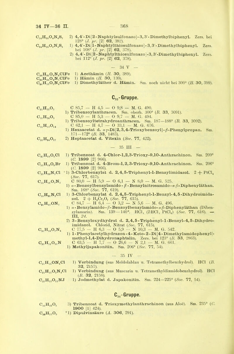 C34H2604N4S2 2) 4,4'- Di [2 - Naphtylsulfonazo]-3,3'- Dimethylbiphenyl. Zers, bei 128° {J. pr. [2] 62, 382). C34H26 04N4S4 1) 4,4'-Di[ 1 - Naphtylthiosulfonazo] - 3,3'- Dimethylbiphenyl. Zers, bei 108° («7. pr. [2] 62, 378). 2) 4,4'-Di[2-Naphtylthiosulfonazo-3,3'-Dimethylbiphenyl. Zers, bei 112° (/. pr. [2] 62, 378). - 34 V — C34H3304N4ClFe 1) Acethämin {H. 30, 389). C34H3404Nr,ClFe 1) Hämin (H. 30, 130). C34H35 03N4ClFe 1) Dimethyläther d. Hämin. Sm. noch nicht bei 300° {11. 30, 399). C36-Gruppe. C35H2203 C 85,7 — H 4,5 — O 9,8 — M. G. 490. 1) Tribenzoylanthracen. Sm. oberh. 300° {B. 33, 3091). C35HL»303 C 85,0 — H 5,3 — 0 9,7 — M. G. 494. 1) Tribenzoyltetrahydroanthracen. Sm. 187—188® {B. 33, 3092). C35H32014 C 62,1 — H 4,7 — 0 33,1 - M. G. 676. 1) Hexaacetat d. ay-Di[2,3,4-Trioxybenzoyl]-|?-Phenylpropan. Sm. 171-172° {B. 33, 1483). C35H34017 2) Heptaaeetat d. Vitexin {Soc. 77, 422). — 35 III — C3-H19OgCl 1) Tribenzoat d. 4-Chlor-l,2,3-Trioxy-9,10-Anthrachinon. Sm. 209° (C. 1899 [2] 966). C35HI908Br 1) Tribenzoat d. 4-Brom-l,2,3-Trioxy-9,10-Anthrachinon. Sm. 206® (0. 1899 [2] 966). C36H29N2C1 *1) 3-Chlorbenzylat d. 2,4,5-Triphenyl-l-Benzylimidazol. 2-j-PtCl4 {Soc. 77, 617). C35H3102N3 C 80,0 — H 5,9 — 0 6,1 — N 8,0 — M. G. 525. 1) « -Benzoylbenzylamido - ß -Benzylnitrosamido-a (?-Diphenyläthan. Sm. 168» {Soc. 77, 619). C36H31N2C1 1) 3-Chlorbenzylat d. 2,4,5-Triphenyl-l-Benzyl-4,5-Dihydroimida- zol. 2 + H2Cr207 {Soc. 77, 615). C85H32ON, C 84,7 — H 6,4 — 0 3,2 — N 5,6 — M. G. 496. 1) a-Benzylamido-(9-Benzoylbenzylamido-a(?-Diphenyläthan (Diben- zylamarin). Sm. 139 — 140®. HCl, (2HC1, PtCl4) {Soc. 77, 616). — III, 24. 2) 3-Benzyloxydhydrat d. 2,4,5-Triphenyl-1-Benzyl-4,5-Dihydro- imidazol. Chlorid, Nitrat {Soc. 77, 615). C35H34OoN4 C 77,5 — H 6,3 — 0 5,9 — N 10,3 — M. G. 542. 1)1- Phenylacetylhydrazon - 4 - Keto- 2 - Di [4 - Dimethylamidophenyl]- methyl-l,4-Dihydronaphtalin. Zers, bei 123° (ß. 33, 2863). C35H61On:N C 63,5 — H 7,7 — 0 26,6 — N 2,1 — M. G. 661. 1) Methyljapakonitin. Sm. 206° {Soc. TI, 54). — 35 IV - C3rH,5ON4Cl 1) Verbindung (aus Meldolablau u. Tetramethylbenzhydrol). HCl {B. 32, 2157). C35H,)602N4C1 1) Verbindung (aus Muscarin u. Tetramethyldiamidobenzhydrol). HCl {B. 32, 2158). C36H62OnNJ 1) Jodmethylat d. Japakonitin. Sm. 224—225® (Soc. TI, 54). C3u-Gruppe. C36H22Os 3) Tribenzoat d. Trioxymethylanthrachinon (aus Aloe). Sm. 235° (G. 1900 [1] 424). CggHjjOg *1) Dipulvinsäure (A. 306, 291).