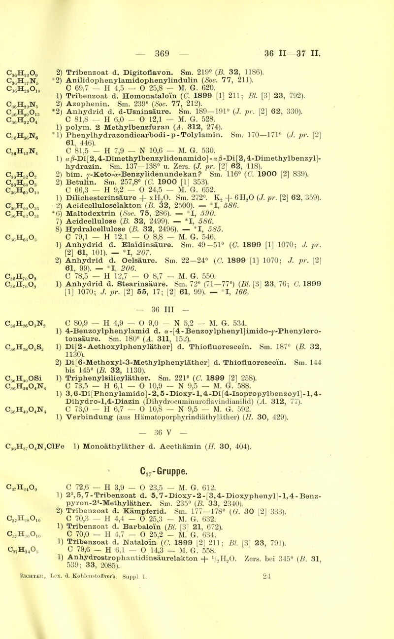 2) Tribenzoat d. Digitoflavon. Sm. 219° (B. 32, 1186). *2) Anilidophenylamidophenylindulin (Soc. 77, 211). C 69,7 - H 4,5 — 0 25,8 - M. G. 620. 1) Tribenzoat d. Homonataloin (C. 1899 [1] 211; Bl. [3] 23, 792). 2) Azophenin. Sm. 239° (Soc. 77, 212). *2j Anhydrid d. d-Usninsäure. Sm. 189—191° (./. pr. [2] 62, 330). C 81,8 — H 6,0 - 0 12,1 — M. G. 528. 1) polym. 2 Methylbenzfuran (A. 312, 274). *1) Phenylhydrazondicarbodi-p-Tolylamin. Sm. 170—171° (./. pr. [2] 61, 446). C 81,5 - H 7,9 — N 10,6 — M. G. 530. 1) ot(?-Di[2,4-Dimethylbenzylidenamido]-aß-Di[2,4-Dimethylbenzyl]- hydrazin. Sm. 137—138° u. Zers. (J. pr. [2] 62, 118). 2) bim. y-Keto-a-Benzylidenundekan? Sm. 116° (C. 1900 [2] 839). 2) Betulin. Sm. 257,8° (G 1900 [1] 353). C 66,3 — H 9,2 — 0 24,5 — M. G. 652. 1) Dilichesterinsäure -|- xH20. Sm. 272°. K2 -)- 6H20 (J. pr. [2] 62, 359). 2) Acidcelluloselakton (B. 32, 2500). — *1, 586. *6) Maltodextrin (Soc. 75, 286). — *1, 590. 7) Acideellulose (B. 32, 2499). — *1, 586. 8) Hydraleellulose (B. 32, 2496). — *1, 585. C 79,1 — H 12,1 — 0 8,8 — M. G. 546. 1) Anhydrid d. Elaidinsäure. Sm. 49—51° (G. 1899 [1] 1070; J. pr. [2] 61, 101). — I, 207. 2) Anhydrid d. Oelsäure. Sm. 22-24° (O. 1899 [1] 1070; J. pr. [2] 61, 99). — *1, 206. C 78,5 — H 12,7 - 0 8,7 — M. G. 550. 1) Anhydrid d. Stearinsäure. Sm. 72° (71—77°) (Bl. [3] 23, 76; C. 1899 [1] 1070; J. pr. [2] 55, 17; [2] 61, 99). — I, 166. — 36 III - C36H.2603N2 C 80,9 — H 4,9 — 0 9,0 — N 5,2 — M. G. 534. 1) 4-Benzoylphenylamid d. a - [4 - Benzoylphenyl] imido-y-Phenylcr o- tonsäure. Sm. 180° (A. 311, 152). C36H28OäS2 1) Di[2-Aethoxylphenyläther] d. Thiofluoresee'in. Sm. 187° (B. 32, 1130). 2) Di[6-Methoxyl-3-Methylphenyläther] d. Thiofluoresee'in. Sm. 144 bis 145° (B. 32, 1130). C36H30OSi 1) Triphenylsilicyläther. Sm. 221° (C. 1899 [2] 258). C36H3804lSr4 C 73,5 — H 6,1 — O 10,9 — N 9,5 — M. G. 588. 1) 3,6-Di [Phenylamido] - 2,5 - Dioxy-1,4 -Di [4-Isopropylbenzoyl] -1,4- Dihydro-l,4-Diazin (Dihydrocuminuroflavindianilid) (A. 312, 77). C36H40O4N4 C 73,0 - H 6,7 — O 10,8 — N 9,5 — M. G. 592. 1) Verbindung (aus Hämatoporphyrindiäthyläther) (H. 30, 429). — 36 V — C3liH3704N4ClFe 1) Monoäthyläther d. Aeethämin (H. 30, 404). c38h2209 c36h27n6 c36h28o10 c36h29n5 C36Ha0O13 c36h32o4 CßßHgßNß C36H42N4 c36h62o, GsgHeoGs CäÄO, C36H60O3 c.,khk)o. -^36^70^5 C37-Gruppe. C 72,6 — H 3,9 — 0 23,5 — M. G. 612. 1) 23,5,7 - Tribenzoat d. 5,7-Dioxy-2-[3,4-Dioxyphenyl]-l,4-Benz- pyron-24-Methyläther. Sm. 235° (B. 33, 2340). 2) Tribenzoat d. Kämpferid. Sm. 177—178° (G. 30 [2] 333). C37H28O10 C 70,3 — II 4,4 — 0 25,3 - M. G. 632. 1) Tribenzoat d. Barbalo'in (Bl. [3] 21, 672). C37H;!0O10 C 70,0 — H 4,7 - 0 25,2 - M. G. 634. 1) Tribenzoat d. Natalo'in (C. 1899 121 211; Bl. [31 23, 791). C37H3405 C 79,6 - H 6,1 - 0 14,3 - M. G. 558. 1) Anhydrostrophantidinsäurelakton -4- 'LKO. Zers, bei 345° (B. 31, 539; 33, 2085). Riohtjsu, Lex. d. Kolilenstoffvcrb. Suppl. I. 24