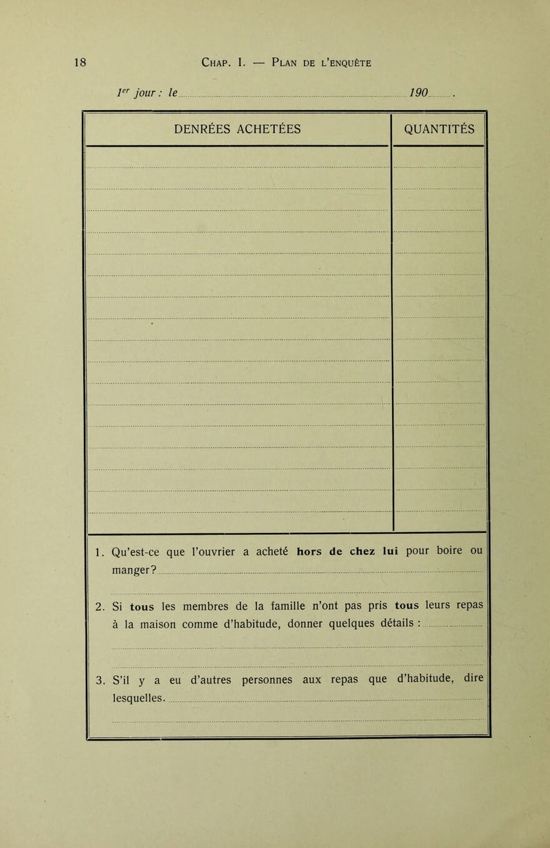 1er jour : le 190 DENRÉES ACHETÉES QUANTITÉS 1. Qu’est-ce que l’ouvrier a acheté hors de chez lui pour boire ou manger? 2. Si tous les membres de la famille n’ont pas pris tous leurs repas à la maison comme d’habitude, donner quelques détails: 3. S’il y a eu d’autres personnes aux repas que d’habitude, dire Ipsqiipllps.