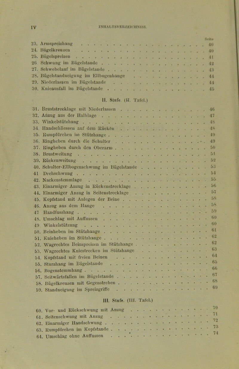21$. ArinspreialiHiin 21. l$ü>{ulkr«uzcu 25. IJÜBclsproizitn 2t) Sdiwuug iui 27. Scliwebclauf ini BiifjolHtaiiilu 28. l$üj'clstaminei('uii(' iin Ellboycuhaiif'c . . . , 20. Nioderlassün iui IJügelBtaiule ;i0. Kiiicausfall im Bügulataiulc II. Stufe (IJ. 'rufcl.) 31. Bruatstrccklage mit Nieclcrlaasen 32. Abzug aus der Halblago 33. Winkelstützliang 34. Handscliliesseu auf dem KückCu 35. Kumpfdreheu iin Stützhange 3t). Kiuglicbeu durcli die Seliulter 37. Kingheben durch den Oberarm 38. Brustweitung 39. Rückenweitung 40. Schulter-Ellbogenschwung im Bügclstande . . 4L Drelischwung 42. Nackenstemmlage 43. Einarmiger- Anzug in Kückenstrecklage . . . 44. Einarmiger Anzug in Seitenstrecklage . . . 45. Kopfstand mit Anlegen der Beine 46. Anzug aus dem Hange 47 Handfusshang 48. Umschlag mit Auflussen 49. Winkelstützung 50. Beinheben im Stützhange 51. Knieheben im Stützhange 52. Wagrechtes Beinspreize.n im Stützbange . . . 53. Wagrechtes Kniestrecken im Stützhange . . 54. ICopfstand mit freien Beinen 55. Sturzhang im Bügclstande 56. Bogenstemrahang 57. Seitwärtsfallen im Bügelstaude 58. Bügelkreuzen mit Gegenstrebeu 59. Standneigung im Spreizgritfe III. Stufe. (III. Tafel.) 60. Vor- und Rückschwung mit Anzug .... 61. Seitenschwung mit Anzug 62. Einarmiger Handschwung 63. Kumpfdrehen im Kopfstande 64. Umschlag ohne AulTussen . belu> 40 40 41 42 43 44 41 45 46 47 18 ■18 19 . 49 , 50 . 51 . 52 . 53 . 54 55 . 56 . 57 . 58 . 58 . 59 . 60 . 60 . 61 . 62 . 62 . 63 . 64 . 65 . 66 . 67 . 6S . 69 70 71 72 73 74