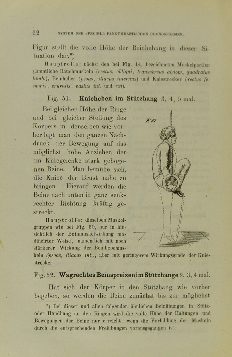 Mgiir stellt die volle llölie der Heiiilielxtiig in di<j8er Si- tuation dar.*) Itau ptrolle: nächst den bei Fig. M. bczeiclineUxi Miiskelpartien süinintliclie Bauchmuskeln (rec(m, ohlU/ui, iranaventm ahdunt., quadralus lamb.), Beinhchcr (i)soaf!, üiants internus) und Knicslrccker (redns fe- nioris, crurulis., vastus int. und cxt). Fig. f)l. Knieheben im Stützhang d, .0 mal. I^ei gleicher Höhe der Ringe und bei gleicher Stellung des Körjters in denselben wie vor- her legt man den ganzen Nach- druck der Bewegung auf das möglichst hohe Anziehen der im Kniegelenke stark geboge- nen Beine. Man bemühe sich, die Kniee der Brust nahe zu bringen Hierauf werden die Beine nach unten in ganz senk- rechter Richtung kräftig ge- streckt. Hauptrolle: dieselben Muskel- gruppen wie bei Fig. 50, nur in hin- sichtlich der Beinmuskelwirkung mo- dificirter Weise, namentlich mit noch stärkerer Wirkung der Beinhebemus- keln (psoas, iliacus int.), aber mit geringerem Wirkungsgrade der Knie- strecker. Fig. 52. Wagrechtes Beinspreizenim Stützhange 2, .3, 4 mal. Flat sich der Körper in den Stützhang wie vorher begeben, so werden die Beine zunächst bis zur möglichst *) Bei dieser und allen folgenden ähnlichen Beinübungeu in StiUz- oder Ilandhang an den Ringen wird die volle Höhe der Haltungen und Bewegungen der Beine nur erreicht, wenn die Vorbildung der Muskeln durch die entsprechenden F'reiäbungen vorausgegangen ist.