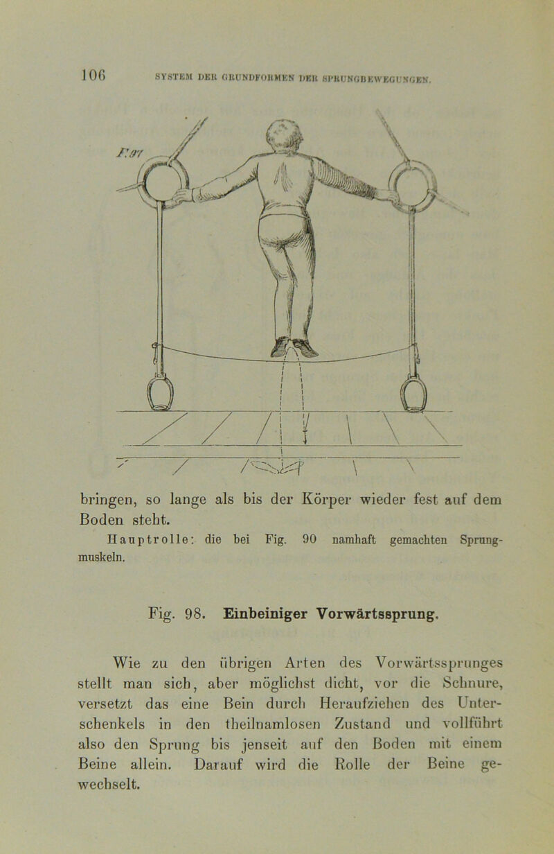 10() SYSTEM 1)EU CiUUNlJKOHMKN I)EU SI'lUJNCUKWEGl.’KfiEN. bringen, so lange als bis der Körper wieder fest auf dem Boden stebt. Hauptrolle; die bei Fig. 90 namhaft gemachten Sprung- muskeln. Fig. 98. Einbeiniger Vorwärtssprung. Wie zu den übrigen Arten des Vorwärtssprunges stellt man sich, aber möglichst dicht, vor die Schnüre, versetzt das eine Bein durch Heraufziehen des Unter- schenkels in den theilnamlosen Zustand und vollführt also den Sprung bis jenseit auf den Boden mit einem Beine allein. Darauf wird die Rolle der Beine ge- wechselt.