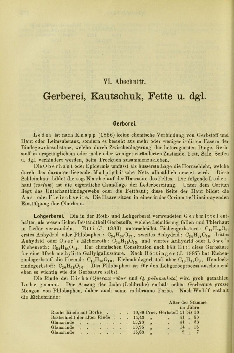 VI. Abschnitt. Gerberei, Kautschuk, Fette u. dgl. Gerberei. Leder ist nach Knapp (1856) keine chemische Verbindung von Gerbstoff und Haut oder Leimsubstanz, sondern es besteht aus mehr oder weniger isolirten Fasern der Bindegewebesubstanz, welche durch Zwischenlagerung der heterogensten Dinge, Gerb- stoff in ursprünglichem oder mehr oder weniger veränderten Zustande, Fett, Salz, Seifen u. dgl. verhindert werden, beim Trocknen zusammenzukleben. Die Oberhaut oder Epidermis umfasst als äusserste Lage die Hornschicht, welche durch das darunter liegende M a lp i gh i ’ sehe Netz allmählich ersetzt wird. Diese Schleimhaut bildet die sog. Narbe auf der Haarseite des Felles. Die folgende L e d e r - haut (corium) ist die eigentliche Grundlage der Lederbereitung. Unter dem Corium liegt das Unterhautbindegewebe oder die Fetthaut; diese Seite der Haut bildet die Aas- oder Fleischseite. Die Haare sitzen in einer in das Corium tief hineinragenden Einstülpung der Oberhaut. Lohgerberei. Die in der Roth- und Lohgerberei verwendeten Gerbmittel ent- halten als wesentlichen Bestandtheil Gerbstoffe, welche Leimlösung fällen und Thierhaut in Leder verwandeln. Etti (J. 1883) unterscheidet Eichengerbsäure: C17H1609, erstes Anhydrid oder Phlobaphen: C34H3Ü017 , zweites Anhydrid: C34H28016, drittes Anhydrid oder 0 s e r ’ s Eichenroth : C34H26015, und viertes Anhydrid oder L ö w e ’ s Eicbenroth: C^H^O^. Der chemischen Constitution nach hält Etti diese Gerbsäure für eine 3fach methylirte Gallylgallussäure. Nach Böttinger (J. 1887) hat Eichen- rindegerbstoff die Formel: C19H16019, Eichenholzgerbstoff aber C16H1209, Hemlock- rindegerbstoff: C20H18O10- Das Phlobaphen ist für den Lohgerbeprocess anscheinend eben so wichtig wie die Gerbsäure selbst. Die Rinde der Eiche (Quercus robur und Q. pedunculcita) wird grob gemahlen Lohe genannt. Der Auszug der Lohe (Lohbrühe) enthält neben Gerbsäure grosse Mengen von Phlobaphen, daher auch seine rothbrauue Farbe. Nach Wo 1 ff enthält die Eichenrinde: Alter der Stämme im Jahre Rauhe Rinde mit Borke .... 10,86 Proc. Gerbstoff 41 bis 53 Bastschicht der alten Rinde . . 14,43 „ r» 41 „ 53 Glanzrinde . 13,23 „ Tf 41 „ 53 Glanzrinde . 13,95 „ n 14 „ 15