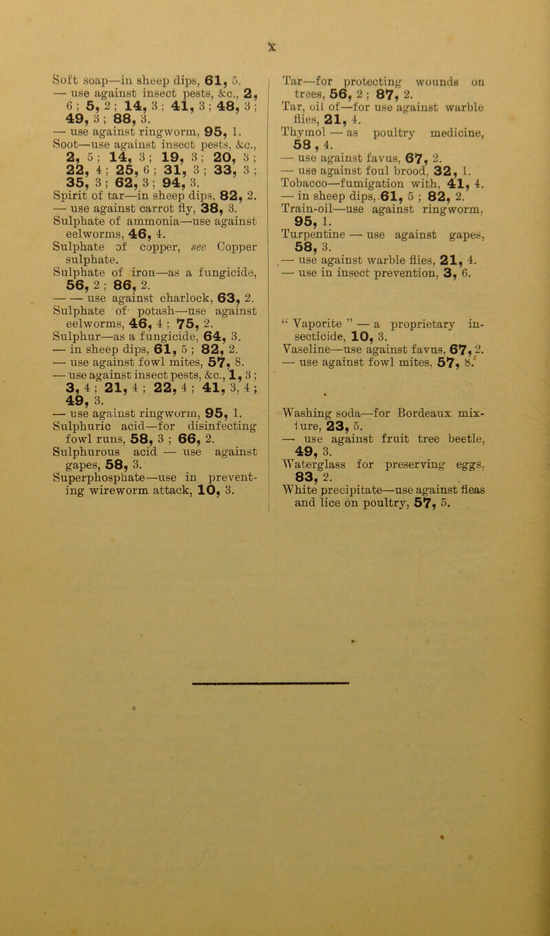 — use against insect pests, &c., 2^ (5; 5, 2; 14, 3; 41, 3: 48, 3; 49, 3 ; 88, 3. — use against ringworm, 95, 1. Soot—use against insect pests, &c., 2, 5 j ^ ’ 20, d i 22, 4; 25, 6; 31, 3; 33, 3; 35, 3 ; 62, 3 ; 94, 3. Spirit of tar—in sheep dips, 82, 2. — use against carrot fly, 38, 3. Sulphate of ammonia—use against eelworms, 46, 4. Sulphate of copper, see Copper sulphate. Sulphate of iron—as a fungicide, 56, 2 ; 86, 2. use against charlock, 63, 2. Sulphate of- potash—use against eelworms, 46, 4 ; 75, 2. Sulphur—as a fungicide, 64, 3. — in sheep dips, 61, 5 ; 82, 2. — use against fowl mites, 57, 8. — use against insect pests, &c., 1,3; 3,4; 21,4; 22,4; 41,3,4; 49, 3. — use against ringworm, 95, 1. Sulphuric acid—^for disinfecting fowl runs, 58, 3 ; 66, 2. Sulphurous acid — use against gapes, 58, 3. Superphosphate—use in prevent- ing wireworm attack, 10, 3. trees, 56, 2 ; 87, 2. Tar, oil of—for use against warble flies, 21, 4. Thymol — as poultry medicine, 58,4. — use against favus, 67,2. — use against foul brood, 32, 1. Tobacco—fumigation with, 41, 4. — in sheep dips,.61, 5 ; 82, 2. Train-oil—use against ringworm, 95, 1. Turpentine — use against gapes, 58, 3. ,— use against warble flies, 21,4. — use in insect prevention, 3, 6. “ Vaporite ” — a proprietary in- secticide, 10, 3. Vaseline—use against favus. 6792. — use against fowl mites, 579 Washing soda—for Bordeaux mix- ture, 23, 5. — use against fruit tree beetle, 49, 3. Waterglass for preserving eggs. 83, 2. White precipitate—use against fleas and lice on poultry, 57, 5.