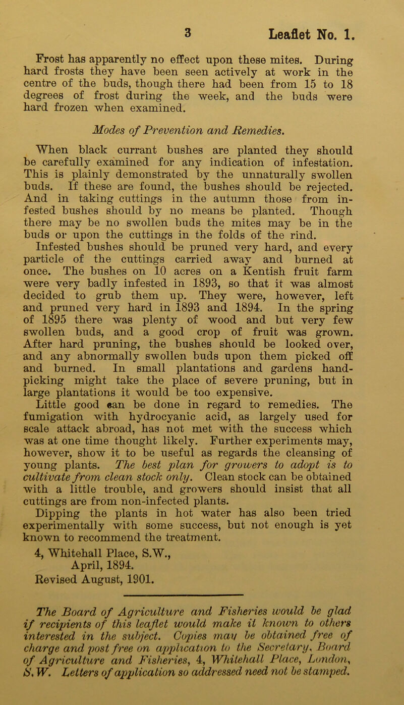 Frost has apparently no effect upon these mites. During hard frosts they have been seen actively at work in the centre of the buds, though there had been from 15 to 18 degrees of frost during the week, and the buds were hard frozen when examined. Modes of Prevention and Remedies. When black currant bushes are planted they should be carefully examined for any indication of infestation. This is plainly demonstrated by the unnaturally swollen buds. If these are found, the bushes should be rejected. And in taking cuttings in the autumn those from in- fested bushes should by no means be planted. Though there may be no swollen buds the mites may be in the buds or upon the cuttings in the folds of the rind. Infested bushes should be pruned very hard, and every particle of the cuttings carried away and burned at once. The bushes on 10 acres on a Kentish fruit farm were very badly infested in 1893, so that it was almost decided to grub them up. They were, however, left and pruned very hard in 1893 and 1894. In the spring of 1895 there was plenty of wood and but very few swollen buds, and a good crop of fruit was grown. After hard pruning, the bushes should be looked over, and any abnormally swollen buds upon them picked off and burned. In small plantations and gardens hand- picking might take the place of severe pruning, but in large plantations it would be too expensive. Little good ean be done in regard to remedies. The fumigation with hydrocyanic acid, as largely used for scale attack abroad, has not met with the success which was at one time thought likely. Further experiments may, however, show it to be useful as regards the cleansing of young plants. The best plan for growers to adopt is to cultivate from clean stock only. Clean stock can be obtained with a little trouble, and growers should insist that all cuttings are from non-infected plants. Dipping the plants in hot water has also been tried experimentally with some success, but not enough is yet known to recommend the treatment. 4, Whitehall Place, S.W., April, 1894. Revised August, 1901. The Board of Agriculture and Fisheries would be glad if recipients of this leaflet would make it known to others interested in the subject. Copies may be obtained free of charge and post free on application to the Secretary, Board, of Agriculture and Fisheries, 4, Whitehall Place, London, S, W. Letters of application so addressed need not be stamped.