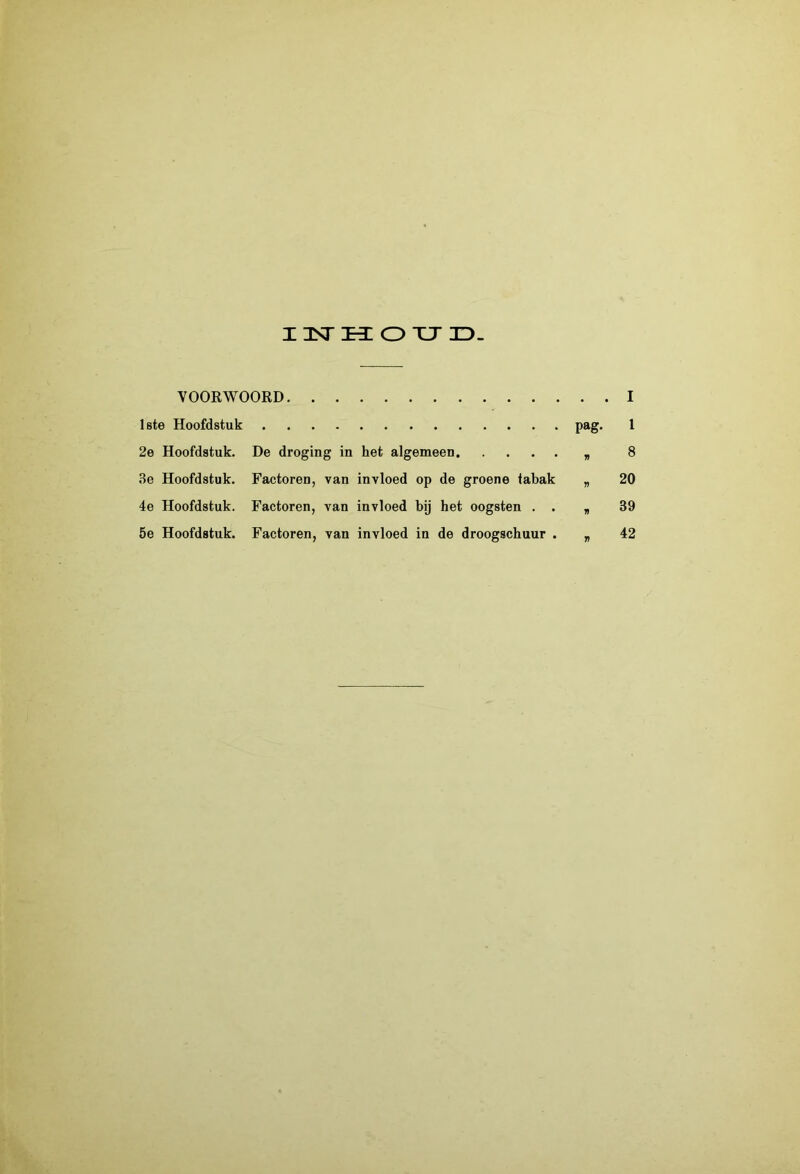 I3STKC o XJ 3D- VOORWOORD I Iste Hoofdstuk pag. 1 2e Hoofdstuk. De droging in het algemeen 8 3e Hoofdstuk. Factoren, van invloed op de groene tabak „ 20 4e Hoofdstuk. Factoren, van invloed bij het oogsten . . „ 39 5e Hoofdstuk. Factoren, van invloed in de droogschuur . „ 42