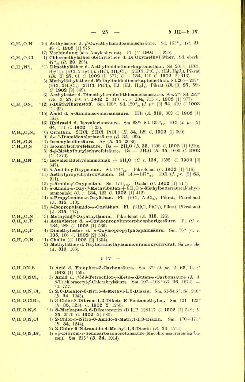 C5HnO,;N c5huo3ci C6HnNSä C5H13ON3 CsH1202N2 c,H12o,s c5h12o4s c5h1:,on- c,hI3o.2n c6h13o3p c6h13o4p csh15o,n c6h.on3s c5H3o.2]srci4 o5h3osn3oi2 C5H302ClBr2 c6h4o2n4s C5H602W4C1 16) Aethylester d. (9-Oxyäthylamidoameisensäure. Sd. 163% (R. 21, 48 G. 1902 [1] 975). 17) Verbindung (aus Amylenhydrat). Fl. (G. 1901 11) 995). 1) Chlormethyläther-Aethyläther d. Di|Oxymethyl]äther. Sd. oberh. 47°80 (R. 20, 285). ;1) Dimethyläther d. Aethylimidodimerkaptomethan. Sd. 201°. (HCl, HgCl„), (HCl, 2HgCU), (HCl, 3HgCl„), (2HC1, PtCl4), (HJ, HgJ„), Pikrat (Bl. [3] 27, 61 G. 1902 [1] 577; G. r. 134, 110 C. 1902 [2] 413). 5) Methyläthyläther d.Methylimidodimerkaptomethan. Sd.205—207. (HCl, 2 HgCl.,), (2 HCl, PtCl4), HJ, (HJ, HgJ,), Pikrat (Bl. [3] 27, 586 G. 1902 [2] 349). 6) Aethylester d. Dimethylamidodithioameisensäure. Sm.2°; Sd. 252 (Bl. [3] 27, 591 G. 1902 [2] 349; G. r. 134, 715 C. 1902 [1] 977). 12) s-Diäthylharnstoff. Sm. 108°; Sd. 150°26 (J. pr. [2] 64, 410 G. 1902 [1] 22). ' ' 15) Amid d. a-Amidoisovaleriansäure. HBr (A. 319, 302 G. 1902 111 361). 16) Hydrazid d. Isovaleriansäure. Sm. 68°; Sd. 133 °15. HCl (J. pr. [2| 64, 411 C. 1902 [1] 23). *6) Ornithin. 2 HCl, (2 HCl, PtCl4) (H. 34, 129 G. 1902 [1] 300). 9) d-re J-Diamidovaleriansäure (B. 34, 462). *1) Isoamylsulfinsäure. Ag (B. 34, 2659). *3) Isoamylsehwefelsäure. Ba -j- 2H20 (B. 35, 1598 C. 1902 [1] 1270). 5) d-f?-Methylbutylschwefelsäure. Ba -j- 2FI,0 (B. 35, 1600 G. 1902 [1] 1270). *2) Isovaleraldehydammoniak -J- 6H„0 (C. r. 134, 1595 G. 1902 [2] 347). *9) (?-Amido-y-Oxypentan. Sd. 174°760. Pikrolonat (G. 1902 [1] 716). 11) Aethylpropylhydroxylamin. Sd. 143—147°765. HCl (J. pr. 12] 63, 211). 12) y-Amido-(9-Oxypentan. Sd. 174°765. Oxalat (C. 1902 [1] 717). 13) a-Amido-ni-Oxy-/?-Methylbutan -f- 8 H20 (re-Methylbuttersäurealdeliyd- ammoniak) (G. r. 134, 123 G. 1902 [1] 412). 14) (?-Propylamido-rt-Oxyäthan. Fl. (HCl, AuCl3), Pikrat, Pikrolonat (A. 315, 110). 15) (9-Isopropylamido-a-Oxyäthan. Fl. (2 HCl, PtCl4), Pikrat, Pikrolonat (A. 315, 117). *3) Methyldi[(^-Oxyäthyl]amin. Pikrolonat (A. 315, 126). 4) Aethylester d. a-Oxyisopropylunterphosphorigesäure. Fl. (G. r. 134, 288 G. 1902 [1] 566). 4) Dimethylester d. «-Oxyisopropylphosphinsäure. Sm. 76 (G. r. 135, 106 G. 1902 [2] 504). *1) Cholin (C. 1902 [2] 1304). 2) Methyläther d. Oxytetramethylammoniumoxydhydrat. Salze siebe (A. 316, 165). - 5 IV — 1) Azid d. Thiophen-2-Carbonsäure. Sm. 37° (J. pr. [2| 65, 14 C. 1902 [1] 459). 3) Amid d. (?Jdö-Tetrachlor-y-Keto-«-Buten-«-Carbonsäure (A. d. (?-Trichloracetyl-/?-Cblorakrylsäure). Sm. 107—108° (B. 26, 1674). — *1, 757. 2) 2,6-Diehlor-5-Nitro-4-Methyl-l,3-Diazin. Sm. 53-54,5°; Sd. 240 (B. 34, 1243). 1) 3-Chlor-P-Dibrom-l,2-Diketo-R-Pentamethylen. Sm. 121—122 (B. 35, 3214 G. 1902 [2] 1250). *1) 8-Merkapto-2,6-Diketopurin (D.R.P. 128117 G. 1902 [1] 548; B. 35, 2570 G. 1902 [2] 580). 1) 2-Chlor-5-lSritro-6-Amido-4-Methyl-l,3-Diazin. Sm. 170—171 (B. 34, 1244). 2) 2-Chlor-6-Nitramido-4-Methyl-l,3-Diazin (B. 34, 1241). 1) «(?-Dibrom-y-Semicarbazoncrotonsäure (Mucobromsäuresemicarba- zon). Sm. 215° (B. 34, 1014). CsH503N3Br.2