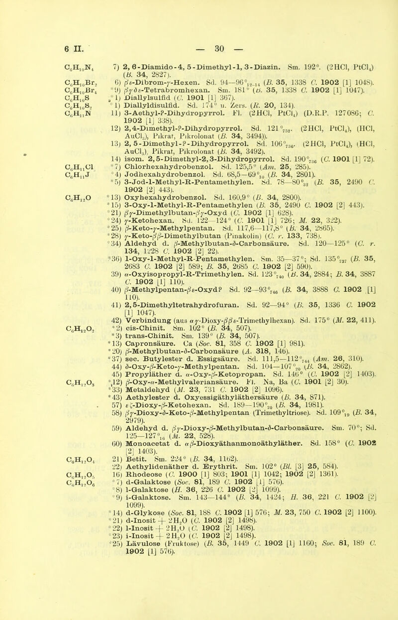 C8H10N4 7) 2, 6-Diamido-4, 5-Dimethyl-1, 3-Diazin. Sm. 192°. (2HC1, PtCl4) (b. 34, 2827). C6H10Br„ 6) ße-Dibrom-y-Hexen. Sd. 94—96 °12_14 (B. 35, 1338 C. 1902 [1] 1048). CßH10Br4 *9) ßiyöe-Tetrabr omhexan. Sm. 181° (tf. 35, 1338 G. 1902 [1] 1047). C0H10S B*l) Diallylsulfld (G. 1901 [1] 367). C6H10S2 -1) Diallyldisulfid. Sd. 174° u. Zers. (R. 20, 134). C,.HnN 11) 3-Aethyl-?-Dihydropyrrol. Fl. (2HC1, PtCl4) (D.R.P. 127086; G. 1902 [lj 338). 12) 2,4-Dimethyl-?-Dihydropyrrol. Sd. 121°752. (2HCl, PtClJ, (.HCl, AuC13), Pikraf, Pikrolonat (B. 34, 3494)). 13) 2, 5-Dimethyl-P-Dihydropyrrol. Sd. 106°736. (2HC1, PtClJ, (HCl, AuC13), Pikrat, Pikrolonat (B. 34, 3492). 14) isom. 2,5-Dimethyl-2,3-Dihydropyrrol. Sd. 190°736 (G. 1901 [1] 72). C6Huül *7) Chlorhexahydrobenzol. Sd. 125,5° (Am. 25, 285). CßHn J *4) Jodhexahydrobenzol. Sd. 68,5—69°10 (B. 34, 2801). *5) 3-Jod-l-Methyl-R-Pentamethylen. Sd. 78—80°32 (B. 35, 2490 ('. 1902 [2] 443). CgHj.,0 *13) Oxyhexahydrobenzol. Sd. 160,9° (B. 34, 2800). *15) 3-Oxy-l-Methyl-R-Pentamethylen (B. 35, 2490 G. 1902 [2] 443). 21) (Jy-Dimethylbutan-^y-Oxyd (C. 1902 [1] 628). *24) y-Ketohexan. Sd. 122—124° (C. 1901 [lj 726; M. 22, 322). *25) pZ-Keto-j'-Methylpentan. Sd. 117,6—117,8° (B. 34, 2865). *28) y-Keto-p/p-Dimethylbutan (Pinakolin) (CI r. 133, 738). 34) Aldehyd d. p-Methylbutan-ö-Carbonsäure. Sd. 120—125° (G■ r. 134, 1228 C. 1902 [2] 22). *36) 1-Oxy-l-Methyl-R-Pentamethylen. Sm. 35—37°; Sd. 135°7S7 (B. 35, 2683 G. 1902 [2] 589; B. 35, 2685 G. 1902 [2] 590). 39) a-Oxyisopropyl-R-Trimethylen. Sd. 123°740 (B. 34, 2884; B. 34, 3887 G. 1902 [1] HO). 40) p’-Methylpentan-p/«-Oxyd ? Sd. 92—93°746 (B. 34, 3888 G. 1902 [1] 110). 41) 2,5-Dimethyltetrahydrofuran. Sd. 92—94° (B. 35, 1336 G. 1902 [1] 1047). 42) Verbindung (aus ay-Dioxy-j?(?e-Trimethylhexan). Sd. 175° (11/. 22, 411). C0H12O2 ,*2) cis-Chinit. Sm. 102° (B. 34, 507). *3) trans-Chinit. Sm. 139° (B. 34, 507). *13) Capronsäure. Ca (Soc. 81, 358 G. 1902 [1] 981). *20) (/-Methylbutan-cl-Carbonsäure (A. 318, 146). *37) see. Butylester d. Essigsäure. Sd. 111,5—112°744 (Am. 26, 310). 44) d-Oxy-(/-Keto-y-Methylpentan. Sd. 104—107 °20 (B. 34, 2862). 45) Propyläther d. «-Oxy-f(-Ketopropan. Sd. 146° (G. 1902 [2] 1403). C(.H,„03 *,12) j?-Oxy-«-Methylvaleriansäure. Fl. Na, Ba (C. 1901 [2J 30). *33) Metaldehyd (Al. 23, 731 C. 1902 [2] 1096). *43) Aethylester d. Oxyessigäthyläthersäure (B. 34, 871). 57) e^-Dioxy-f/-Ketohexan. Sd. 189—190°20 (B. 34, 1981). 58) |iy-Dioxy-c)-Keto-^-Methylpentan (Trimethyltriose). Sd. 109 °19 (B. 34, 2979). 59) Aldehyd d. fiy-Dioxy-rf-Methylbutan-ö-Carbonsäure. Sm. 70°; Sd. 125—127 °ia (Ai. 22, 528). 60) Monoaeetat d. a (?-Dioxyäthanmonoäthyläther. Sd. 158° (O. 1902 [2] 1403). C6H1204 21) Betit. Sm. 224° (B. 34, 1162). 22) Aethylidenäther d. Erythrit. Sm. 102° (Bl. [3] 25, 584). C,.Hl20, 16) Rhodeose (G. 1900 [1] 803; 1901 [1] 1042; 1902 [2] 1361). CgHp.Og 7) d-Galaktose (Soc. 81, 189 C. 1902 [lj 576). *8) 1-G-alaktose (H. 36, 226 G. 1902 [2J 1099). *9) i-Galaktose. Sm. 143—144° (B. 34, 1424; 11. 36, 221 C. 1902 [2] 1099). *14) d-Glykose (Soc. 81, 188 C. 1902 [1] 576; M. 23, 750 G. 1902 [2] 1100). *21) d-Inosit + 2H,0 (G. 1902 [2] 1498). *22) 1-Inosit + 2H ,0 (G. 1902 [2] 1498). *23) i-Inosit -f- 2HÖO (G. 1902 |2J 1498). *25) Lävulose (Fruktose) (B. 35, 1449 G. 1902 [1] 1160; Soc. 81, 189 G. 1902 [1] 576).