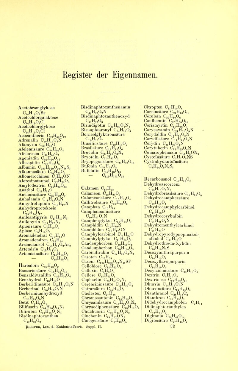 Register der Eigennamen, Acetobromglykose C14Hl909Br Aeetocklorgalaktose C14H1909C1 Acetochlorglykose C14H1909C1 Acocantkerin C32H60O12 Adrenalin C10H16O3N Afamyrin C30H50O Afelemisäure C44H9t)04 Afeleresen C8oH50O2 Agoniadin C21H26012 Albaspidin C25H3.,08 Albumin C225H860O70NbsS3 Alkannasäuve C30H23O8 Allomerochinen C9H19ON Aloresinotannol C i ■) II2 2 0 8 Amylodextrin C64H90O45 Anätbol CnH140 Anchusasäure C30H39O7 Anhalamin CuH1503N Anhydrolupinin C10H17N Anhydroprotokosin c68h74o17 Aniloantipyrin C17H17N3 Anilopyrin C17H17N3 Apionsäure C5H10O8 Apiose C5H10O6 Aromadendral C10HuO Aromadendren C16H24 Arsenoanisol Cl4Hl402As2 Artemisin C1BH1804 Artemisinsäure C14H1804 c16h20o6 Barbaloin C21H20O9 Bassorinsäure c14h20013 Benzaldivanillin C23H20O6 Benzhydrol C13H120 Berberidinsäure ClaHu06N Berberinal C20H19O6N Berberiniumhydroxyd C20H19O8N Betit C8H1204 Bilifuscin CG4H90OuN7 Bilirubin C34H3607N4 Bisdinaphtoxanthen c42h26o2 Bisdinaphtoxanthenamin C42H2702N Bisdinaphtoxanthenoxyd c42h26o3 Bisindigotin C32H20O4N4 Bisnaphtaronyl C24H1204 Borneolglykuronsäure c16h2üo7 Brasilinsäure CI9H1809 Brasilsäure C,2H1206 Brucidin C23H2803N2 Bryo'idin C2jH4203 Bryopogonsäure C28H.,2014 Bufonin C34H6402 Bufotalin C34H46O10 Cu9H171025 Calamen c16h22 Calameon c15h2Bo2 Calameonsäure Ci6H2404 Callitrolsäure C30H48O5 Campban C10H18 Camphanaminsäure c10h17o4n Campherglykol C10H1302 Campliidin C10H19N Campbidon C10H17ON Campbylcarbinol C,,H20O Camphylglykol CuH20O2 Candeuphorben C42H6802 Candeuphorbon C7OH120O3 Carbindirubin C17H10O3N2 Caroten C20H38 Casein Ci62H253 052N41SP Cellobiose C12H22Ou Celloxin C6H806 Cellose C12H22Ou Cepbaelin C28H40O4N2 Cerebrininsäure C19U3602 Cetrarsäure C20H18O9 Cholesten c27h46 Chromosantonin CJ5H1303 Chrysanilsäure C16H1204N2 Chrysodiphensäure C,8H1204 Chuehuarin C20H15O2N2 Cinchonin C18H22ON2 Cinogensäure C9H1804 Pjchtek, Lex. d. Kohlenstoffverb. Suppl. II. Citropten CnH10O4 Coccinsäure C21HI0Olo Cörule'in c20h10o6 Confluentin C37HäoOto Coriamyrtin c15h1805 Corycavamin C21Hn05N Corydaldin CUH13Ö3N Corydilsäure C17Hi503N Corydin C21H2304N Corytuberin C19H2304N Cumarophenazin C14H3ON2 Cyste'insäure C3H705NS Cystinbydantoinsäure C8H1408N4S2 Decarbousnol C17H16Oö Dehydroäscorcein c18h13o7n3 Dehydrobrasilsäure C12H10O Debydrocamphersäure C10H14O4 Dehydrocamphylcarbinol cuh18o Dehydrocorybulbin C21H2104N Dehydromenthylcarbinol CuH20O Dehydropyrodypnopinakol- alkohol C32H220 Dehydrothio-m-Xylidin c16h16n2s Desoxyanthrapurpurin c14h10o4 DesoxyÜavopurpurin c14h10o4 Desylzimmtsäure C23H13Oa Dextrin C6H10O5 Dextrinose C12H.22On Dburrin C14H1707N Dhurrinsäure C14H,809 Dianthranol C'2sÖi30'2 Diantbron C28Hi302 Didebydrocampbolen CeH[ Didinaphtoxanthylen c42h24o2 Digitonin C28H47014 Digitosäure C27H4407 32