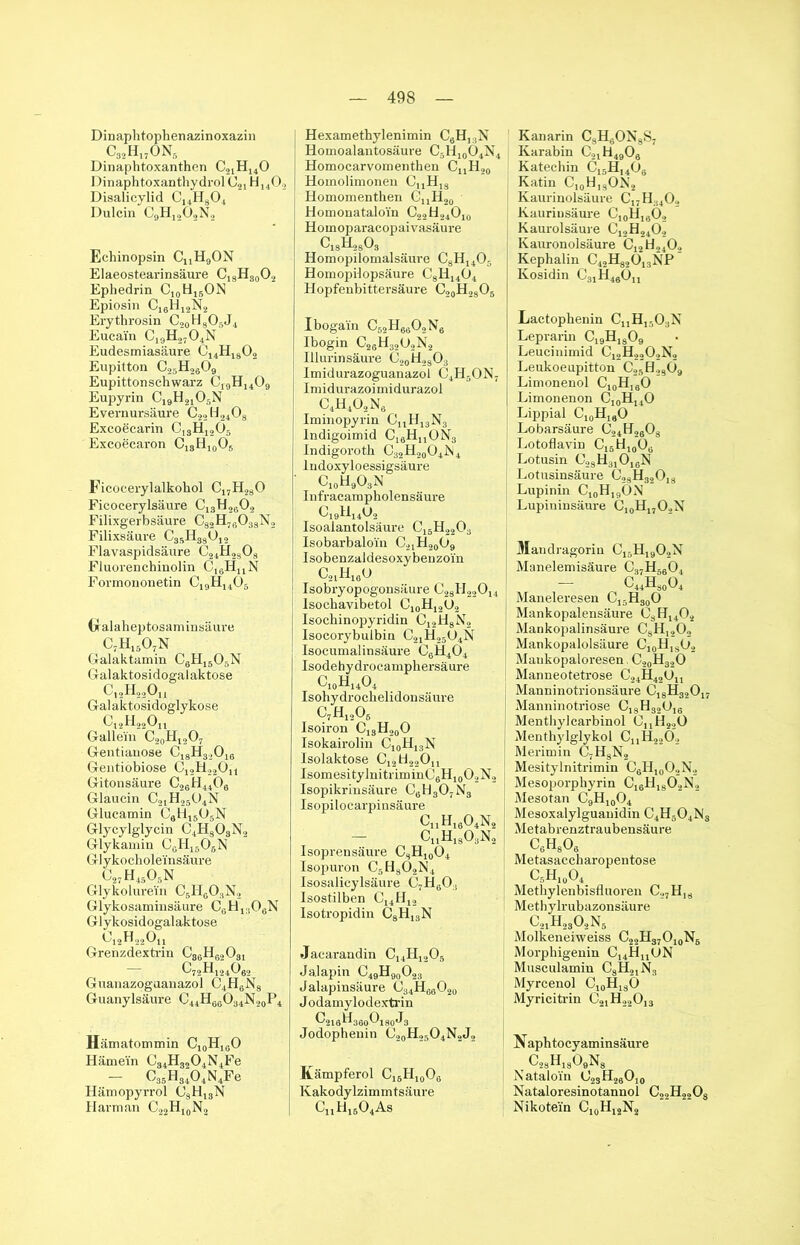 Dinaphtophenazinoxazin C32H17ON5 Dinaphtoxanthen C2lH140 DinaphtoxanthydrolCji H14Oä Disalicylid C14H804 Dulcin C9H1202N, Echinopsin CnH9ON Elaeostearinsäure C18H80O2 Ephedrin C10H1BON Epiosin C,8H12N2 Erythrosin C20H8O6J4 Euca'in C19H2704N Eudesmiasäure C14H1802 Eupitton C25H2609 Eupittonschwarz CI9H1409 Eupyrin C19H2105N Evernursäure C22 H2408 Excoecarin C13H1205 Excoecaron C13H10O5 Ficocerylalkohol C17H280 Ficocerylsäure C13H2802 Filixgerbsäure C82H76033N2 Filixsäure C35H380,2 Flavaspidsäure C24H2308 Fluorenchinolin CißHuN Formononetin C19H1405 (xalaheptosaminsäure c7h15o7n Galaktamin C6H1505N Galaktosidogalaktose C12H22Ou Gal aktosidoglykose c,2h22ou Galle'in C20Hl2O7 Gentianose C18H3.,018 Gentiöbiose CjgHjäOjj Gitonsäure C26H4406 Glaucin C21H2504N Glucamin G9Hl505N Glycylglycin C4Hs08N2 Glykamin CGHI605N Glykochole'insäure c27h4506n Glykolurei'n C5HG03N2 Glykosaminsäure C9H1309N Glykosidogalaktose 012H220ij Grenzdextrin c86h62031 C72H124082 Guanazoguanazol C4H6N8 Guanylsäure C44H6GO34N20P4 Hämatommin CX0H1GO Hämei'n C34H3204N4Fe — G35H8404N4Fe Hämopyrrol GSHXSN Harm an C22HIoN2 Hexamethylenimin C6H, ,N Homoalantosäure C5Hx0O4N4 Homocarvomenthen CX1H20 Homolimonen CnHls Homomenthen GXXH20 Homonatalo’in C22H24O10 Homoparacopaivasäure c18h28o3 Homopilomalsäure C8H1405 Homopilopsäure C8H1404 Hopfenbittersäure C20H2SO5 Iboga’in C62H6602N6 Ibogin C26H32U2N2 Illurinsäure C20H28O3 Imidurazoguanazol C4H5ON7 Imidurazoimidurazol C4H402N6 Iminopyrin CXXH13N3 Indigoimid C16HuON3 Indigoroth C32H20O4JS4 lndoxyloessigsäure C10H9O3N Infracampholensäure C19H1402 Isoalantolsäure C15H2203 Isobarbaloi'n C2XH20O9 Isobenzaldesoxybenzoin C21H16G Isobryopogonsäure C28H22014 Isochavibetol CX0HX2Ü2 Isochinopyridin CX2H8N2 Isocorybulbin C2XH25G4N Isocumalinsäure C6H404 Isodehydrocamphersäure C10H14O4 Isohydrochelidonsäure c7h12o6 Isoiron C13H20O Isokairolin C10H13N Isolaktose CJ2H22On IsomesitylnitiiminC6H1()02N2 Isopikrinsäure C6H307N3 Isopiloearpinsäure c11h16o4n2 - CUH1S03N2 Isoprensäure CsHX0O4 Isopuron C5H802M4 Isosalicylsäure G7HgO:1 Isostilben C14H12 Isotropidin C8HX3N Jacarandin C14H1205 Ja.lapin C49H90O23 Jalapinsäure 034fi66O20 J odamylodextrin C'2X6W360O180J3 Jodopheuin G20H25O4N2J2 Kampferöl Ci5H1006 Kakodylzimmtsäure CjjH1604As Kanarin CsH6ON8S7 Karabin C2lH4906 Katechin CX5HX408 Katin CX0H18OK2 Kaurinolsäure C17H3402 Kauriusäure CX0HX8O2 Kaurolsäure C12H2402 Kauronolsäure Cx2H2402 Kephalin C42H820X3NP Kosidin C3xH49Oxx Lactophenin CxxHx,;03N Leprarin C19H1809 Leucinimid C12H2202N2 Leukoeupitton C25H2SÖ9 Limonenol Ci0H]8O Limonenon Ci0H14O Lippial C10Hj8O Lobarsäure G24H2803 Lotoflavin CX5HX0OG Lotusin C28H310XßN Lotusinsäure G28H320I8 Lupinin C10H19ON Lupininsäure C10H17O2N Mandragorin CX5HX902N Manelemisäure C37H6ß04 c44h80o4 Maneleresen C15H30O Mankopalensäure G8H1402 Mankopalinsäure C8H1202 Mankopalolsäure CX0HX3O2 Maukopaloresen. C20H32O Manneotetrose C24H42UXX Manninotrionsäure C18H32017 Manninotriose CX8H32U16 Menthylcarbinol GxxH2.,0 Menthylglykol CXXH22Ö2 Merimin C7HSN2 Mesitylnitrimin C8H10O2N2 Mesoporphyrin CxßH1802N., Mesotan C9Hx0O4 Mesoxalylguanidin C4H504N3 Metabrenztraubensäure c6h8o8 Metasaccharopentose c5h10o4 Methylenbisfluoren C.,7H]8 Methylrubazonsäure C21H2302N5 Molkeneiweiss c22h37o10n6 Morphigenin C14HnüN Musculamin C8H21N3 Myrcenol C10HlsO Myricitrin C2XH220X3 Naphtocyaminsäure r c28h18o9n8 N ataloin G23H29Ox9 Nataloresinotannol C22H2203 Nikote'in CX0HX2N2