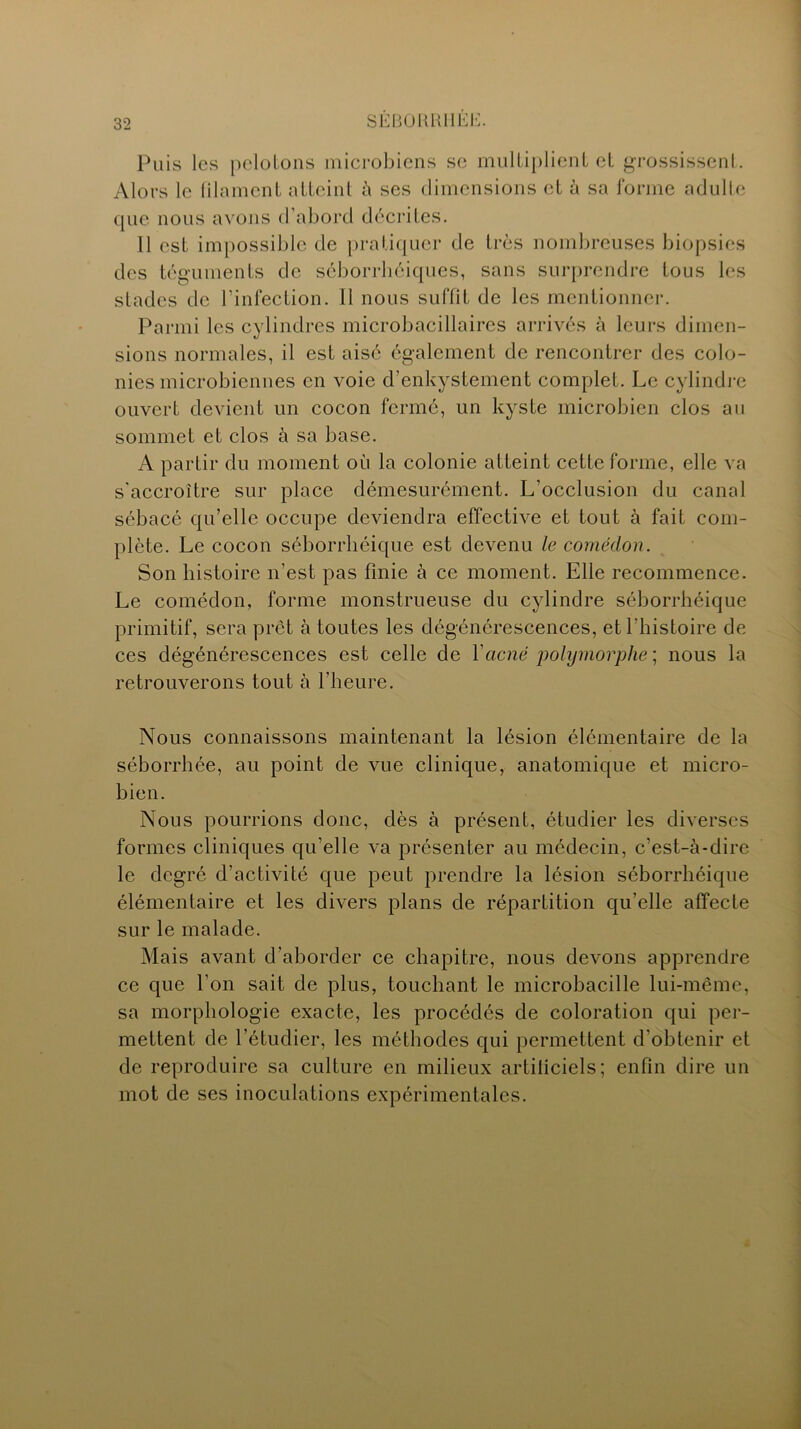 Puis les pelotons microbiens se multiplient et grossissent. Alors le filament atteint à ses dimensions et à sa forme adulte que nous avons d’abord décrites. 11 est impossible de pratiquer de très nombreuses biopsies des téguments de séborrhéiques, sans surprendre tous les stades de l’infection. Il nous suffit de les mentionner. sions normales, il est aisé également de rencontrer des colo- nies microbiennes en voie d’enkystement complet. Le cylindre ouvert devient un cocon fermé, un kyste microbien clos au sommet et clos à sa base. A partir du moment où la colonie atteint cette forme, elle va s'accroître sur place démesurément. L’occlusion du canal sébacé qu’elle occupe deviendra effective et tout à fait com- plète. Le cocon séborrhéique est devenu le comédon. Son histoire n’est pas finie à ce moment. Elle recommence. Le comédon, forme monstrueuse du cylindre séborrhéique primitif, sera prêt à toutes les dégénérescences, et l'histoire de ces dégénérescences est celle de l’acné polymorphe ; nous la retrouverons tout à l’heure. Nous connaissons maintenant la lésion élémentaire de la séborrhée, au point de vue clinique, anatomique et micro- bien. Nous pourrions donc, dès à présent, étudier les diverses formes cliniques qu’elle va présenter au médecin, c’est-à-dire le degré d’activité que peut prendre la lésion séborrhéique élémentaire et les divers plans de répartition qu’elle affecte sur le malade. Mais avant d’aborder ce chapitre, nous devons apprendre ce que l’on sait de plus, touchant le microbacille lui-même, sa morphologie exacte, les procédés de coloration qui per- mettent de l’étudier, les méthodes qui permettent d'obtenir et de reproduire sa culture en milieux artiliciels; enfin dire un mot de ses inoculations expérimentales.