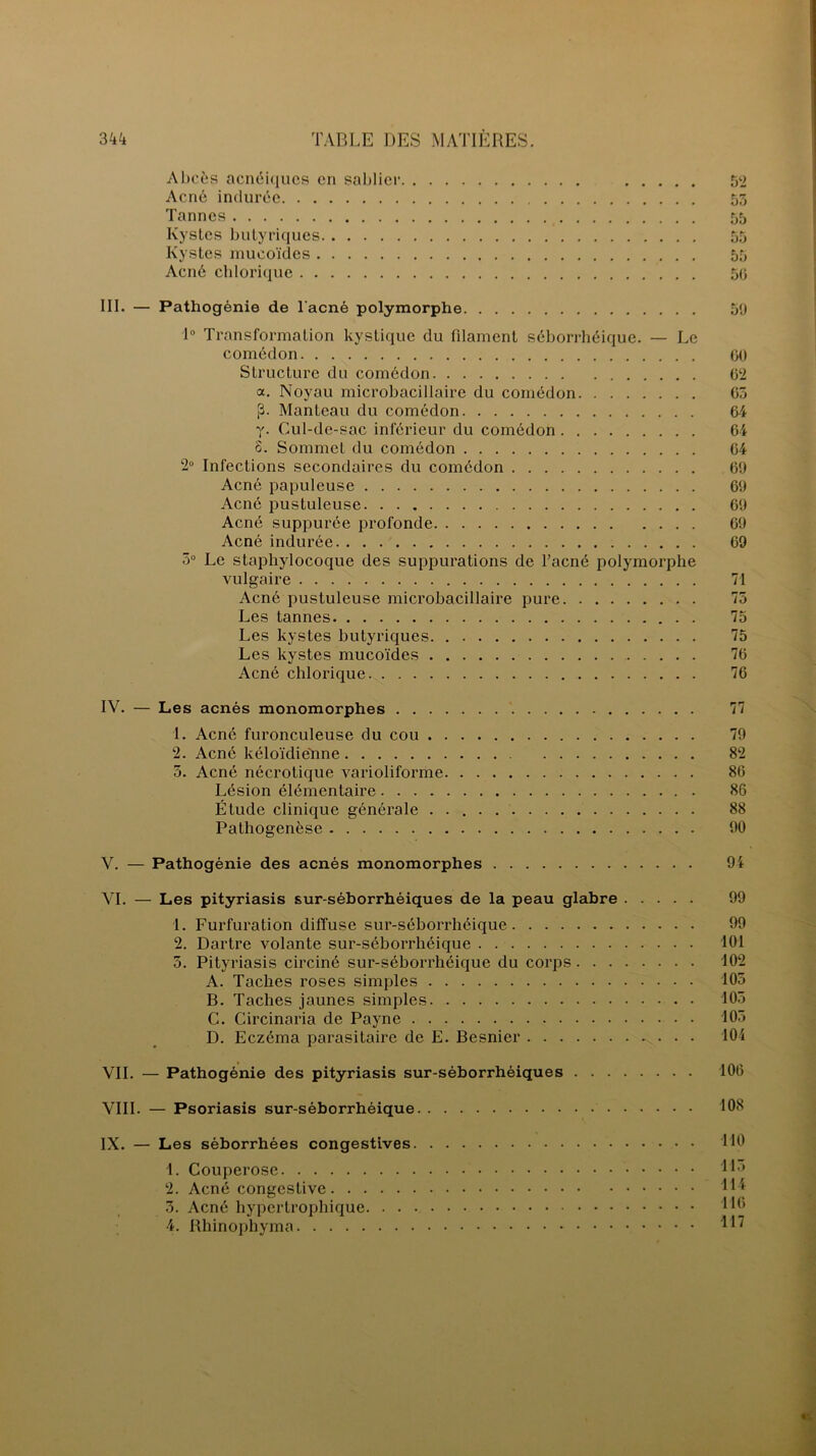 Abcès acnéiques en sablier Acné indurée Tannes Kystes butyriques Kystes mucoïdes Acné chlorique 52 53 55 55 55 50 III. — Pathogénie de l'acné polymorphe 50 1° Transformation kystique du filament séborrhéique. — Le comédon 00 Structure du comédon 02 a. Noyau microbacillaire du comédon 05 p. Manteau du comédon 04 y. Cul-de-sac inférieur du comédon 04 8. Sommet du comédon 04 2° Infections secondaires du comédon 09 Acné papuleuse 09 Acné pustuleuse 09 Acné suppurée profonde 09 Acné indurée 09 5° Le staphylocoque des suppurations de l’acné polymorphe vulgaire 71 Acné pustuleuse microbacillaire pure 73 Les tannes 75 Les kystes butyriques 75 Les kystes mucoïdes 70 Acné chlorique 70 IV. — Les acnés monomorphes 77 1. Acné furonculeuse du cou 79 2. Acné kéloïdielme 82 5. Acné nécrotique varioliforme 80 Lésion élémentaire 86 Étude clinique générale 88 Pathogenèse 90 V. — Pathogénie des acnés monomorphes 94 VI. — Les pityriasis sur-séborrhéiques de la peau glabre 99 1. Furfuration diffuse sur-séborrhéique 99 2. Dartre volante sur-séborrhéique 101 5. Pityriasis circiné sur-séborrhéique du corps 102 A. Taches roses simples 103 B. Taches jaunes simples 103 C. Circinaria de Payne 105 D. Eczéma parasitaire de E. Besnier -..••• 104 VII. — Pathogénie des pityriasis sur-séborrhéiques 100 VIII. — Psoriasis sur-séborrhéique 108 IX. — Les séborrhées congestives 110 1. Couperose IR’ 2. Acné congestive 3. Acné hypertrophique IB* 4. Rhinophyma