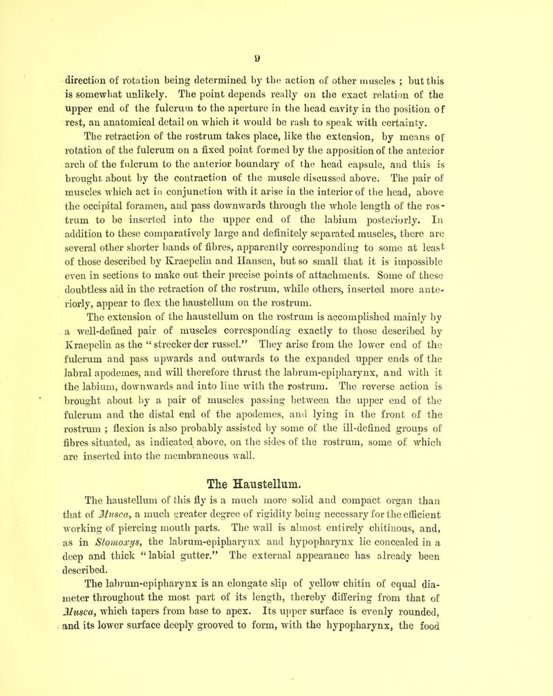 y direction of rotation being determined by the action of other muscles ; but this is somewhat unlikely. The point depends really on the exact relation of the upper end of the fulcrum to the aperture in the head cavity iu the position of rest, an anatomical detail on which it would be rash to speak Avitli certainty. The retraction of the rostrum takes place, like the extension, by means of rotation of the fulcrum on a fixed point formed by the apposition of the anterior arch of the fulcrum to the anterior boundaiy of the head capsule, and this is brought, about by the contraction of the muscle discussed above. The pair of muscles which act in conjunction with it arise in the interior of the head, above the occipital foramen, and pass downwards through the whole length of the ros - trum to be inserted into the upper end of the labium posteriorly. In addition to these comparatively large and definitely separated muscles, there are several other shorter bands of fibres, apparently corresponding to some at least of those described by Kraepelin and Hansen, but so small that it is impossible even in sections to make out their precise points of attachments. Some of these doubtless aid in the retraction of the rostrum, while others, inserted more ante- riorly, appear to flex the haustellum on the rostrum. The extension of the haustellum on the rostrum is accomplished mainly by a well-defined pair of muscles corresponding exactly to those described by Kraepelin as the “ strecker der russel.” They arise from the lower end of the fulcrum and pass upwards and outwards to the expanded upper ends of the labral apodemes, and will therefore thrust the labrum-epipharynx, and with it the labium, downwards and into line with the rostrum. The reverse action is brought about by a pair of muscles passing between the upper end of the fulcrum and the distal end of the apodemes, anti lying in the front of the rostrum ; flexion is also probably assisted by some of the ill-defined groups of fibres situated, as indicated above, on the sides of the rostrum, some of which are inserted into the membraneous wall. The Haustellum. The haustellum of this fly is a much more solid and compact organ than that of Musca, a much greater degree of rigidity being necessary for the efficient working of piercing mouth parts. The wall is almost entirely cliitinous, and, as in Stomoxys, the labrum-epipharynx and hypopharynx lie concealed in a deep and thick “ labial gutter.” The external appearance has already been described. The labrum-epipharynx is an elongate slip of yellow chitin of equal dia- meter throughout the most part of its length, thereby differing from that of JUusca, which tapers from base to apex. Its upper surface is evenly rounded, and its lower surface deeply grooved to form, with the hypopharynx, the food