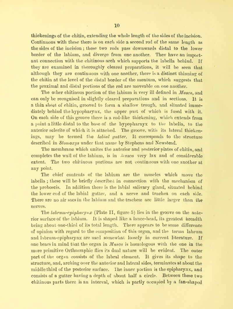 thickenings of the chitin, extending the whole length of the sides of the incision. Continuous with these there is on each side a second rod of the same length as the sides of the incision; these two rods pass downwards distal to the lower border of the labium, and diverge from one another. Thev have an import- ant connection with the chitinous arch which supports the labella behind. If they are examined in thoroughly cleared preparations, it will be seen that although they are continuous with one another, there is a distinct thinning of the chitin at the level of the distal border of the mentum, which suggests that the proximal and distal portions of the rod are moveable on one another. The oilier chitinous portion of the labium is very ill defined in Musca, and can only be recognised in slightly cleared preparations and in sections. It is a thin sheet of chitin, grooved to form a shallow trough, and situated imme- diately behind the liypopharynx, the upper part of which is fused with it. On each side of this groove there is a rod-like thickening, which extends from a point a little distal to the base of the hypopharnyx to the labella, to the anterior sclerite of which it is attached. The groove, with its lateral thicken- ings, may be termed the labial gutter. It corresponds to the structure described in Stomoxys under that name by Stephens and Newstead. The membrane which unites the anterior and posterior plates of chitin, and completes the wall of the labium, is in Musca very lax and of considerable extent. The two chitinous portions are not continuous with one another at any point. The chief contents of the labium are the muscles which move the labella ; these wall be briefly described in connection with the mechanism of the proboscis. In addition there is the labial salivary gland, situated behind the lower end of the labial gutter, and a nerve and trachea on each side. There are no air sacs in the labium and the tracheae are little larger than the nerves. The labrum-epi pharynx (Plate II, figure 5) lies in the groove on the ante- rior surface of the labium. It is shaped like a lance-head, its greatest breadth being about one-third of its total length. There appears to be some difference of opinion with regard to the composition of this organ, and the terms labrum and labrum-epipharynx are used somewhat loosely in current literature. If one bears in mind tliat the organ in Musca is homologous with the one in the more primitive Orthorraphic flies its dual nature will be evident. The outer part of the organ consists of the labral element. It gives its shape to the structure, and, arching over the anterior and lateral sides, terminates at about the middle third of the posterior surface. The inner portion is the epipharynx, and consists of a gutter having a depth of about half a circle. Between these two chitinous parts there is an interval, rvhich is partly occupied by a fan-shaped