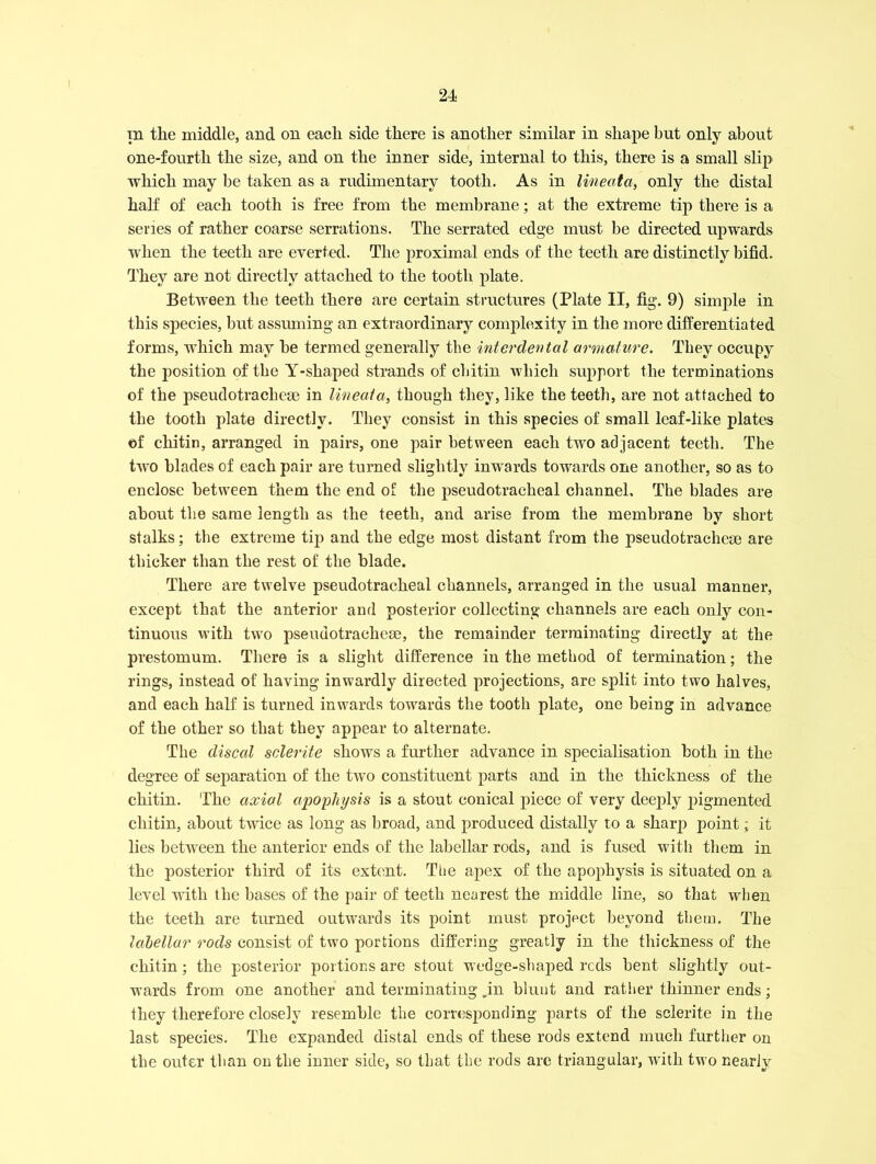 in the middle, and on each side there is another similar in shape but only about one-fourth the size, and on the inner side, internal to this, there is a small slip which may be taken as a rudimentary tooth. As in lineata, only the distal half of each tooth is free from the membrane; at the extreme tip there is a series of rather coarse serrations. The serrated edge must be directed upwards when the teeth are everted. The proximal ends of the teeth are distinctly bifid. They are not directly attached to the tooth plate. Between the teeth there are certain structures (Plate II, fig. 9) simple in this species, but assuming an extraordinary complexity in the more differentiated forms, which may he termed generally the interdental armature. They occupy the position of the Y-shaped strands of chitin which support the terminations of the pseudotracheae in lineata, though they, like the teeth, are not attached to the tooth plate directly. They consist in this species of small leaf-like plates ©f chitin, arranged in pairs, one pair between each two adjacent teeth. The two blades of each pair are turned slightly inwards towards one another, so as to enclose between them the end of the pseudotracheal channel. The blades are about the same length as the teeth, and arise from the membrane by short stalks; the extreme tip and the edge most distant from the pseudotracheae are thicker than the rest of the blade. There are twelve pseudotracheal channels, arranged in the usual manner, except that the anterior and posterior collecting channels are each only con- tinuous with two pseudotraclicae, the remainder terminating directly at the prestomum. There is a slight difference in the method of termination; the rings, instead of having inwardly directed projections, are split into two halves, and each half is turned inwards towards the tooth plate, one being in advance of the other so that they appear to alternate. The discal sclerite shows a further advance in specialisation both in the degree of separation of the two constituent parts and in the thickness of the chitin. The axial apophysis is a stout conical piece of very deeply pigmented chitin, about twice as long as broad, and produced distally to a sharp point; it lies between the anterior ends of the labellar rods, and is fused with them in the posterior third of its extent. The apex of the apophysis is situated on a level with the bases of the pair of teeth nearest the middle line, so that when the teeth are turned outwards its point must project beyond them. The labellar rods consist of two portions differing greatly in the thickness of the chitin; the posterior portions are stout wedge-shaped reds bent slightly out- wards from one another and terminating .in blunt and rather thinner ends; they therefore closely resemble the corresponding parts of the sclerite in the last species. The expanded distal ends of these rods extend much further on the outer than on the inner side, so that the rods are triangular, with two nearly