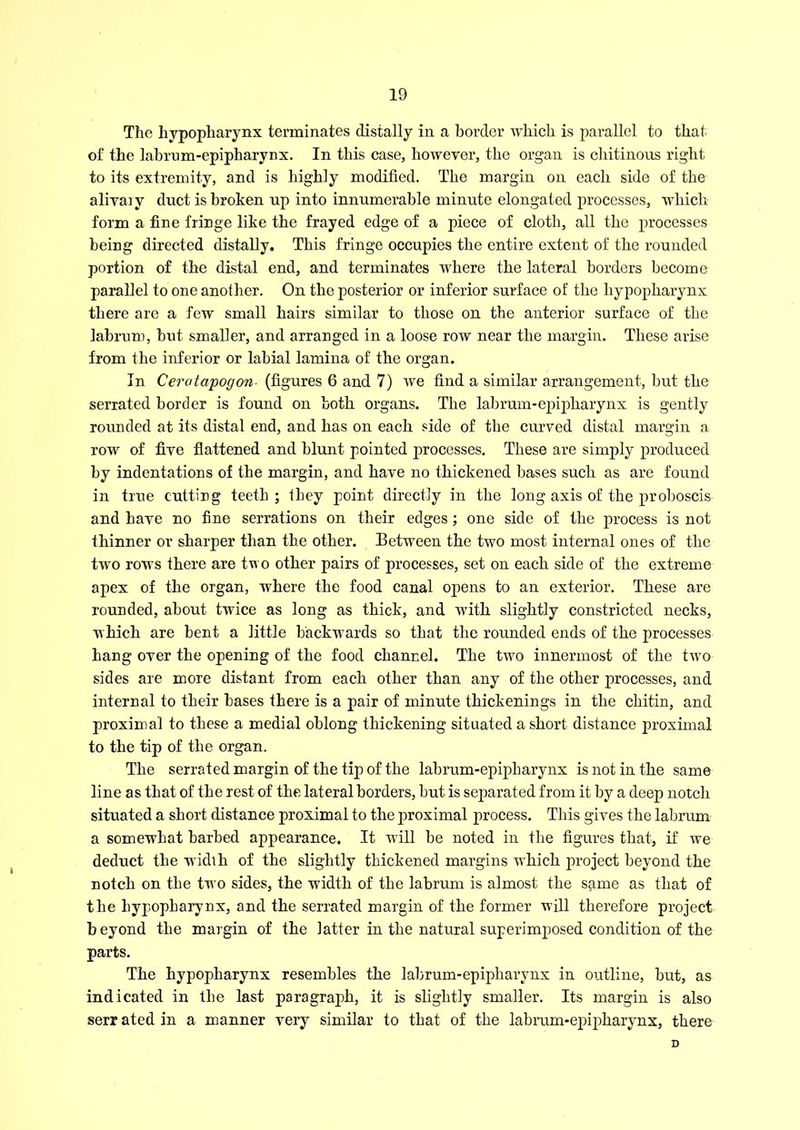 The hypopharynx terminates distally in a border which is parallel to that of the labrum-epipharynx. In this case, however, the organ is chitinous right to its extremity, and is highly modified. The margin on each side of the alivai y duct is broken up into innumerable minute elongated processes, which form a fine fringe like the frayed edge of a piece of cloth, all the processes being directed distally. This fringe occupies the entire extent of the rounded portion of the distal end, and terminates where the lateral borders become parallel to one another. On the posterior or inferior surface of the hypopharynx there are a few small hairs similar to those on the anterior surface of the labrum, but smaller, and arranged in a loose row near the margin. These arise from the inferior or labial lamina of the organ. In Ceratapogon (figures 6 and 7) we find a similar arrangement, but the serrated border is found on both organs. The labrum-epipharynx is gently rounded at its distal end, and has on each side of the curved distal margin a row of five flattened and blunt pointed processes. These are simply produced by indentations of the margin, and have no thickened bases such as are found in true cutting teeth; they point directly in the long axis of the proboscis and have no fine serrations on their edges; one side of the process is not thinner or sharper than the other. Between the two most internal ones of the two rows there are two other pairs of processes, set on each side of the extreme apex of the organ, where the food canal opens to an exterior. These are rounded, about twice as long as thick, and with slightly constricted necks, which are bent a little backwards so that the rounded ends of the processes hang over the opening of the food channel. The two innermost of the twro sides are more distant from each other than any of the other processes, and internal to their bases there is a pair of minute thickenings in the chitin, and proximal to these a medial oblong thickening situated a short distance proximal to the tip of the organ. The serrated margin of the tip of the labrum-epipharynx is not in the same line as that of the rest of the lateral borders, but is separated from it by a deep notch situated a short distance proximal to the proximal process. This gives the labrum a somewhat barbed appearance. It will be noted in the figures that, if we deduct the width of the slightly thickened margins which project beyond the notch on the two sides, the width of the labrum is almost the same as that of the hypopharynx, and the serrated margin of the former will therefore project beyond the margin of the latter in the natural superirwposed condition of the parts. The hypopharynx resembles the labrum-epipharynx in outline, but, as indicated in the last paragraph, it is slightly smaller. Its margin is also serr ated in a manner very similar to that of the labrum-epipharynx, there D