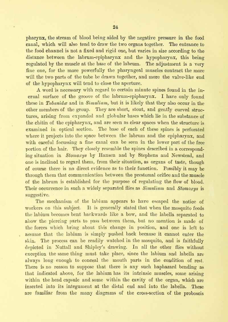 pharynx, the stream of blood being aided by the negative pressure in the food canal, which will also tend to draw the two organs together. The entrance to the food channel is not a fixed and rigid one, but varies in size according to the distance between the labrum-epipharynx and the hypopharynx, this being regulated by the muscle at the base of the labrum. The adjustment is a very fine one, for the more powerfully the pharyngeal muscles contract the more will the two parts of the tube be drawn together, and more the valve-like end of the hypopharynx will tend to close the aperture. A word is necessary with regard to certain minute spines found in the in- ernal surface of the groove of the labrum-epipharynx. I have only found these in Tabanidce and in Simutium, hut it is likely that they also occur in the other members of the group. They are short, stout, and gently curved struc- tures, arising from expanded and globular bases which lie in the substance of the chitin of the epipliarynx, and are seen as clear spaces when the structure is examined in optical section. The base of each of these spines is perforated where it projects into the space between the labrum and the epipliarynx, and with careful focussing a fine canal can he seen in the lower part of the free portion of the hair. They closely resemble the spines described in a correspond- ing situation in Stomoxys by Hansen and by Stephens and Newstead, and one is inclined to regard them, from their situation, as organs of taste, though of course there is no direct evidence as to their function. Possibly it may be through them that communication between the prestomal orifice and the muscle of the labrum is established for the purpose of regulating the flow of blood. Their occurrence in such a widely separated flies as Simulium and Stomoxys is suggestive. The mechanism of the labium appears to have escaped the notice of workers on this subject. It is generally stated that when the mosquito feeds the labium becomes bent backwards like a bow, and the labella separated to allow the piercing parts to pass between them, but no mention is made of the forces which bring about this change in position, and one is left to assume that the labium is simply pushed back because it cannot enter the skin. The process can be readily watched in the mosquito, and is faithfully depicted in Nuttall and Shipley's drawing. In all the other flies without exception the same thing must take place, since the labium and labella are always long enough to conceal the mouth parts in the condition of rest. There is no reason to suppose that there is any such haphazard bending as that indicated above, for the labium has its intrinsic muscles, some arising within the head capsule and some within the cavity of the organ, which are inserted into its integument at the distal end and into the labella. These are familiar from the many diagrams of the cross-section of the proboscis